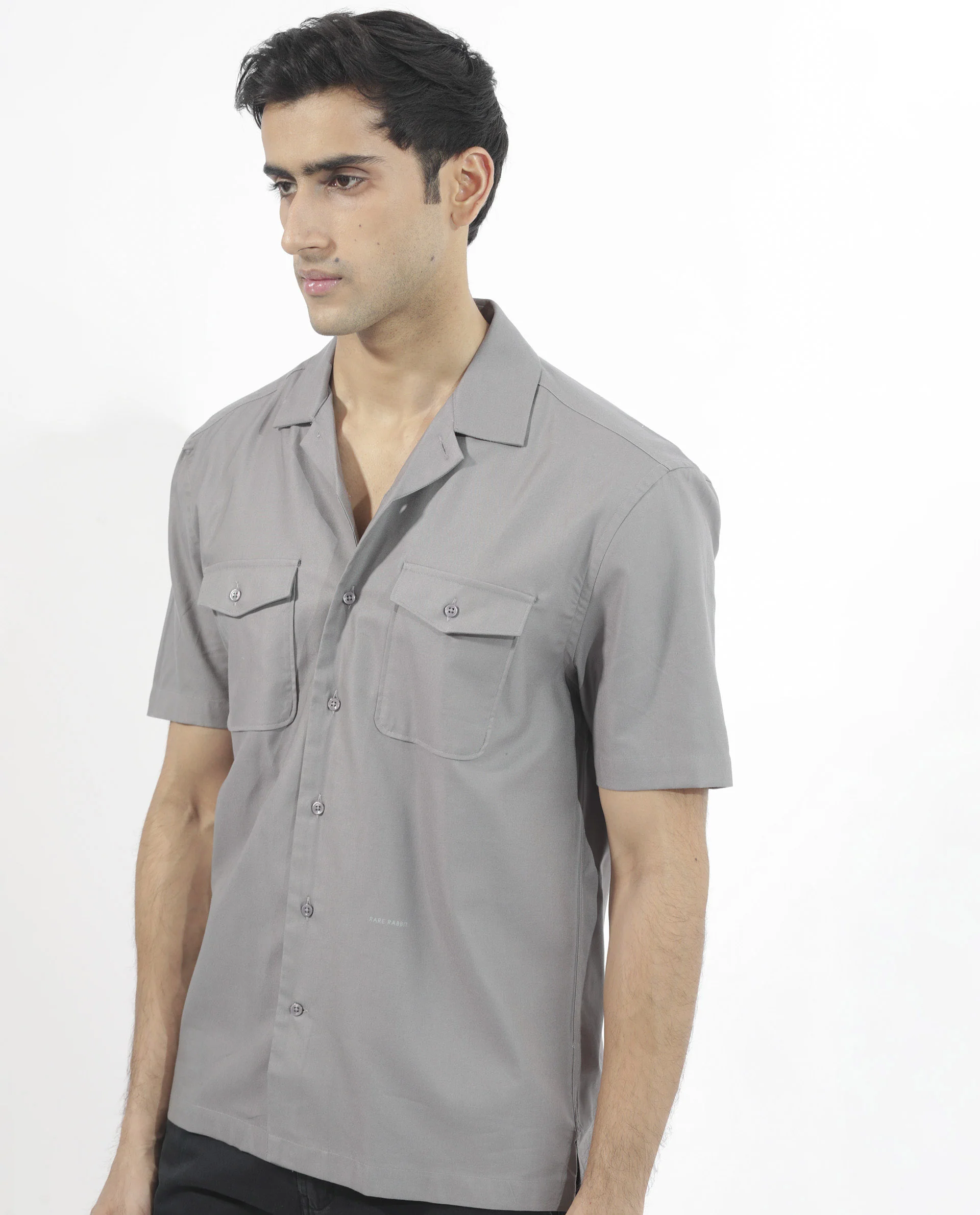 Rare Rabbit Men's Salford Dusky Grey Cotton Plain Regular Fit Half Sleeve Cuban Collar Shirt - Image 6