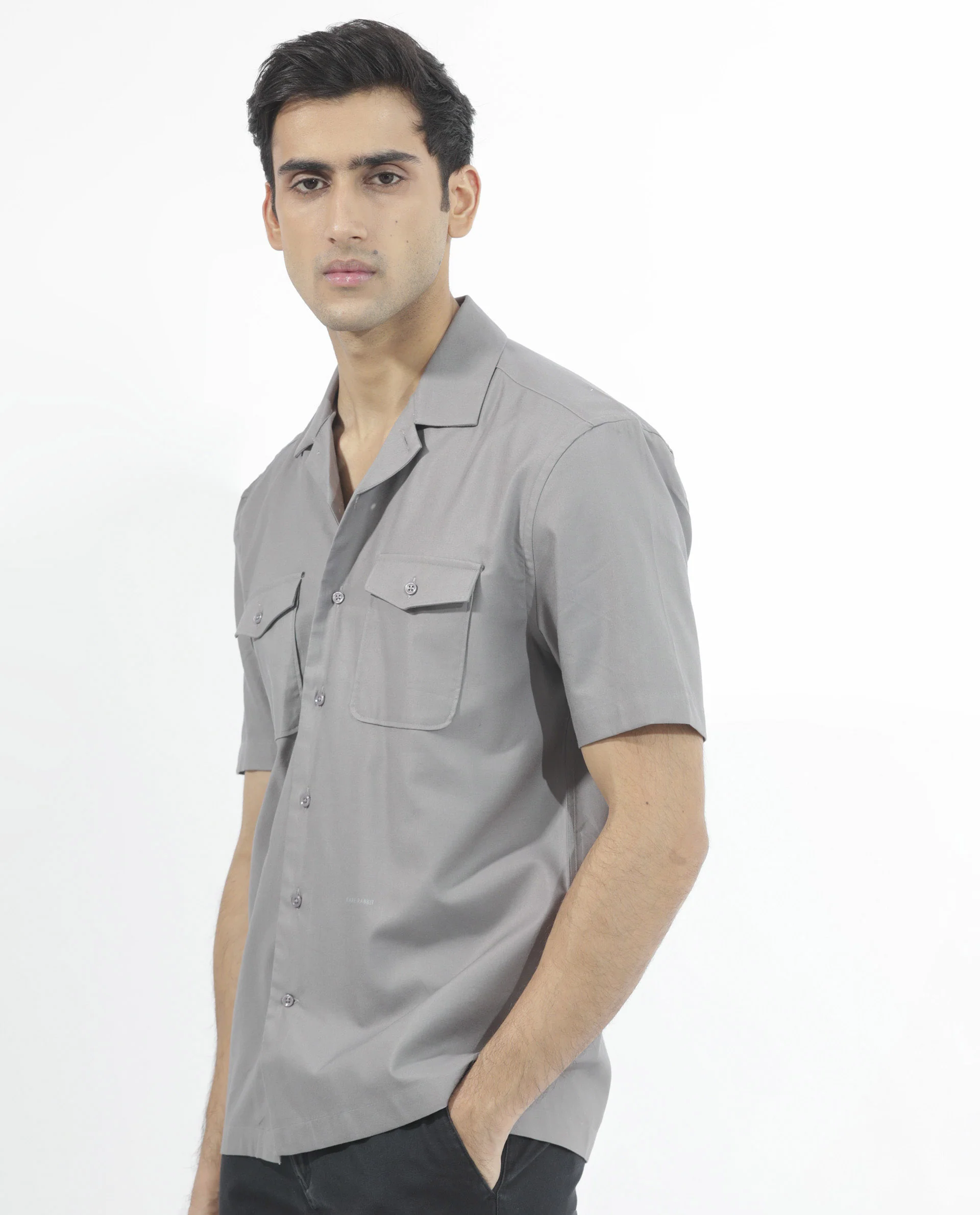 Rare Rabbit Men's Salford Dusky Grey Cotton Plain Regular Fit Half Sleeve Cuban Collar Shirt - Image 7