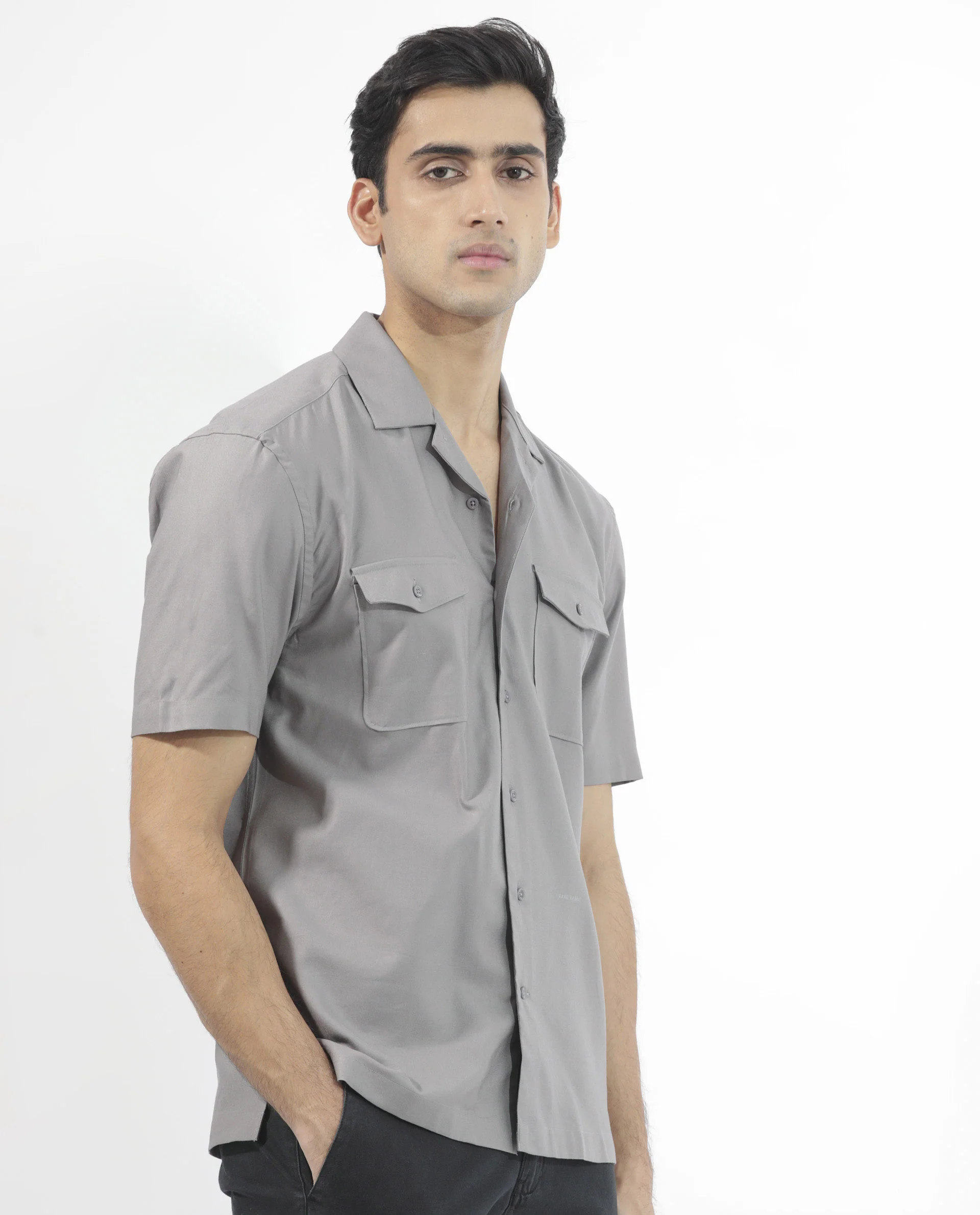 Rare Rabbit Men's Salford Dusky Grey Cotton Plain Regular Fit Half Sleeve Cuban Collar Shirt - Image 8