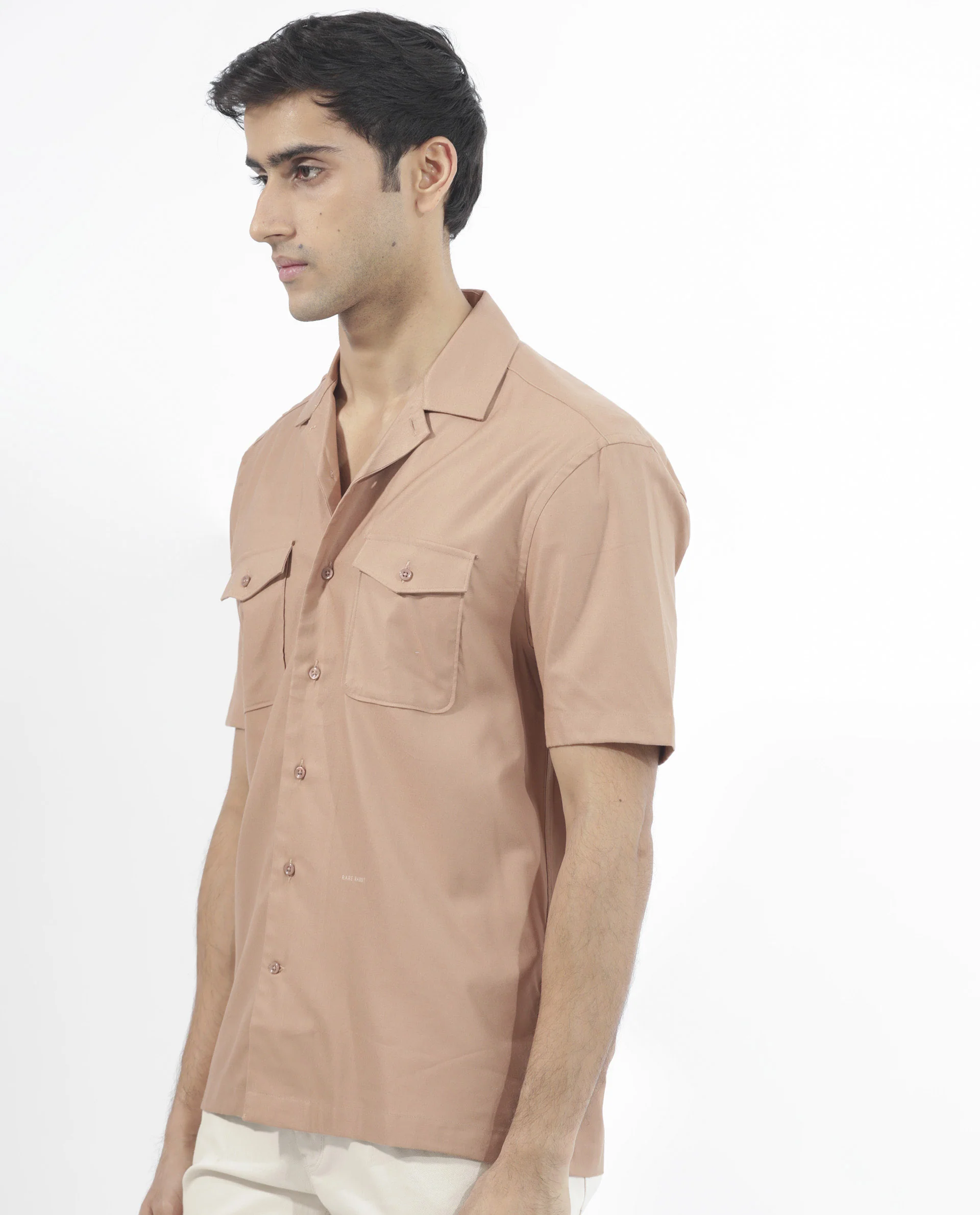 Rare Rabbit Men's Salford Light Brown Cotton Plain Regular Fit Half Sleeve Cuban Collar Shirt - Image 3