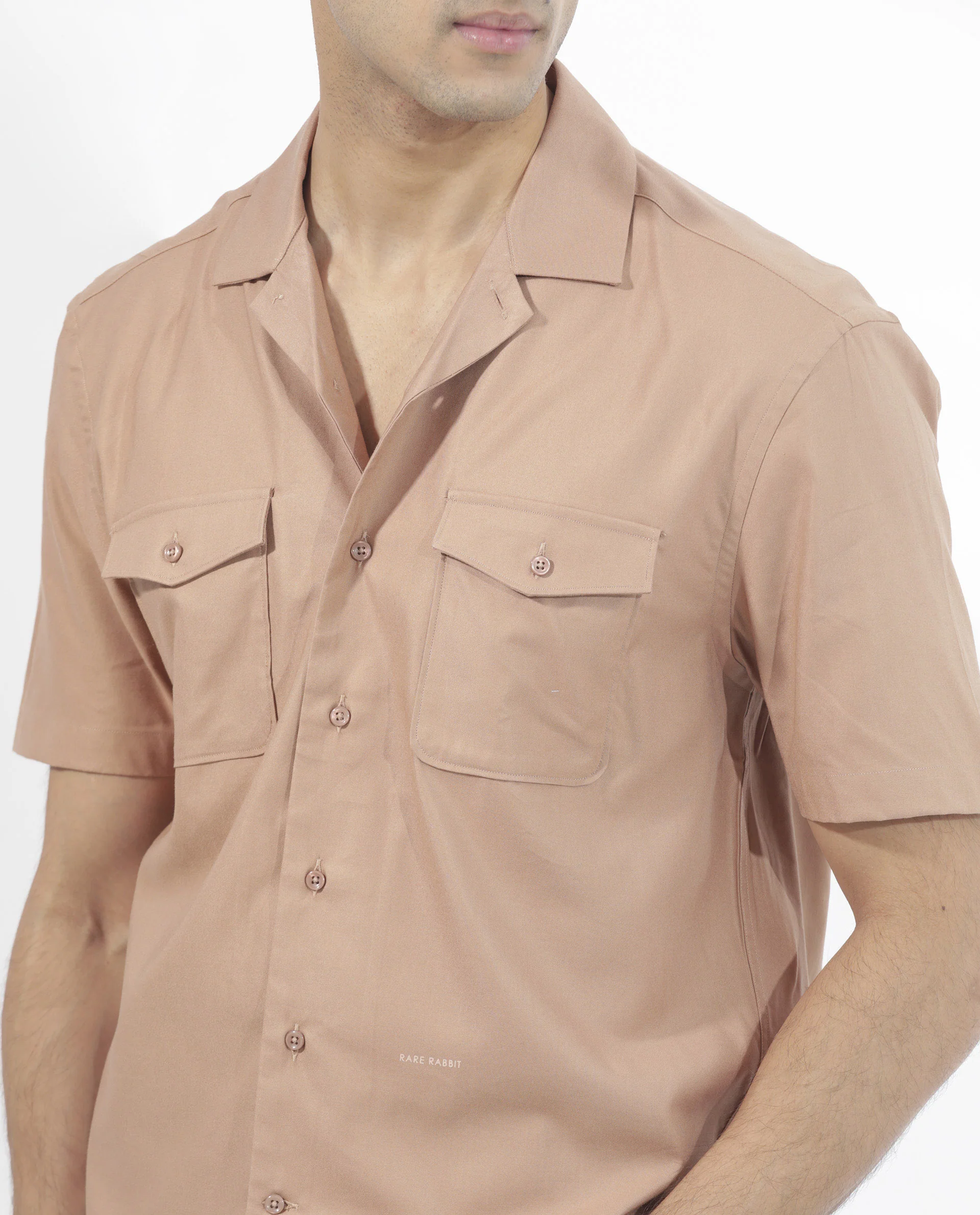 Rare Rabbit Men's Salford Light Brown Cotton Plain Regular Fit Half Sleeve Cuban Collar Shirt - Image 4