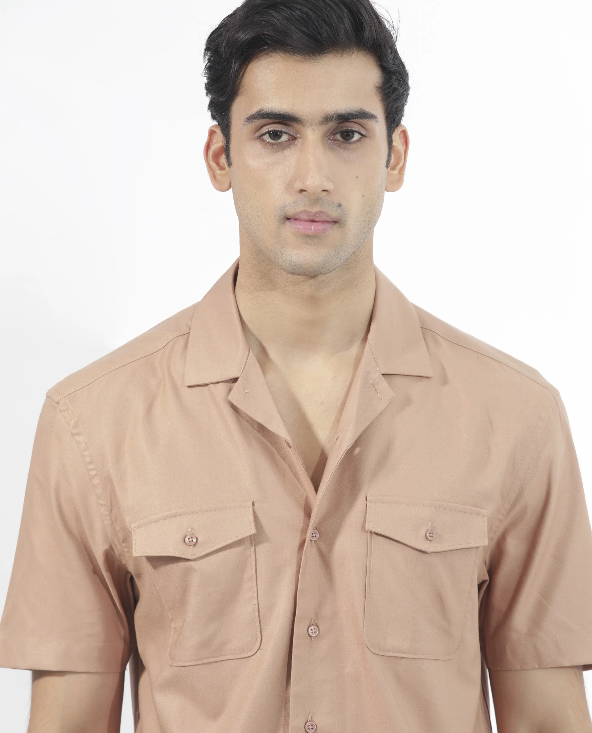 Rare Rabbit Men's Salford Light Brown Cotton Plain Regular Fit Half Sleeve Cuban Collar Shirt - Image 6