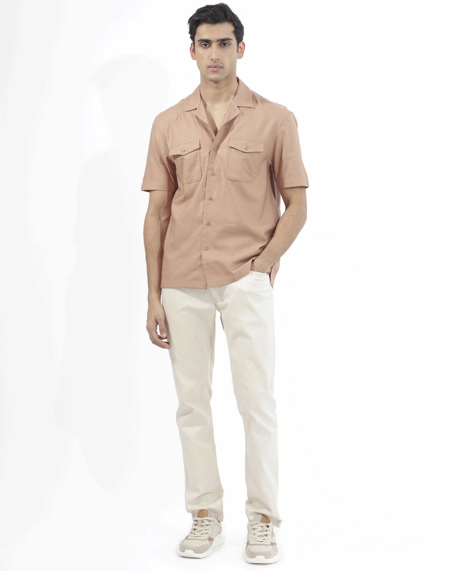 Rare Rabbit Men's Salford Light Brown Cotton Plain Regular Fit Half Sleeve Cuban Collar Shirt - Image 7
