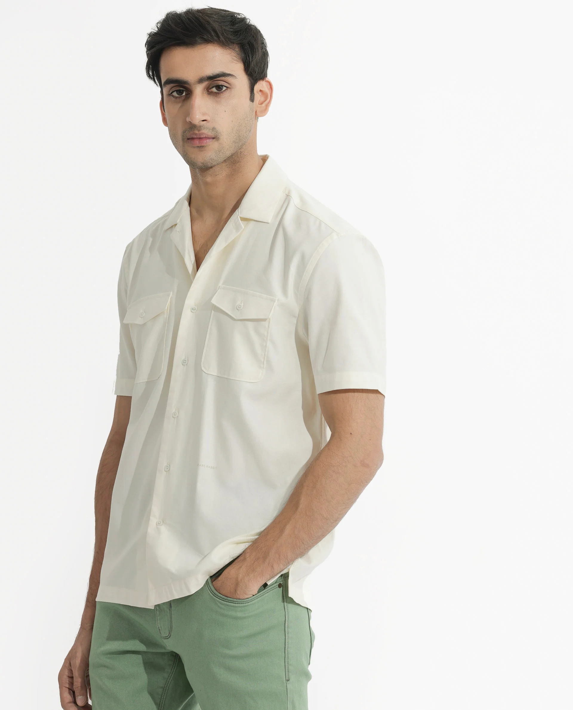 Rare Rabbit Men's Salford Off White Cotton Plain Regular Fit Half Sleeve Cuban Collar Shirt - Image 3