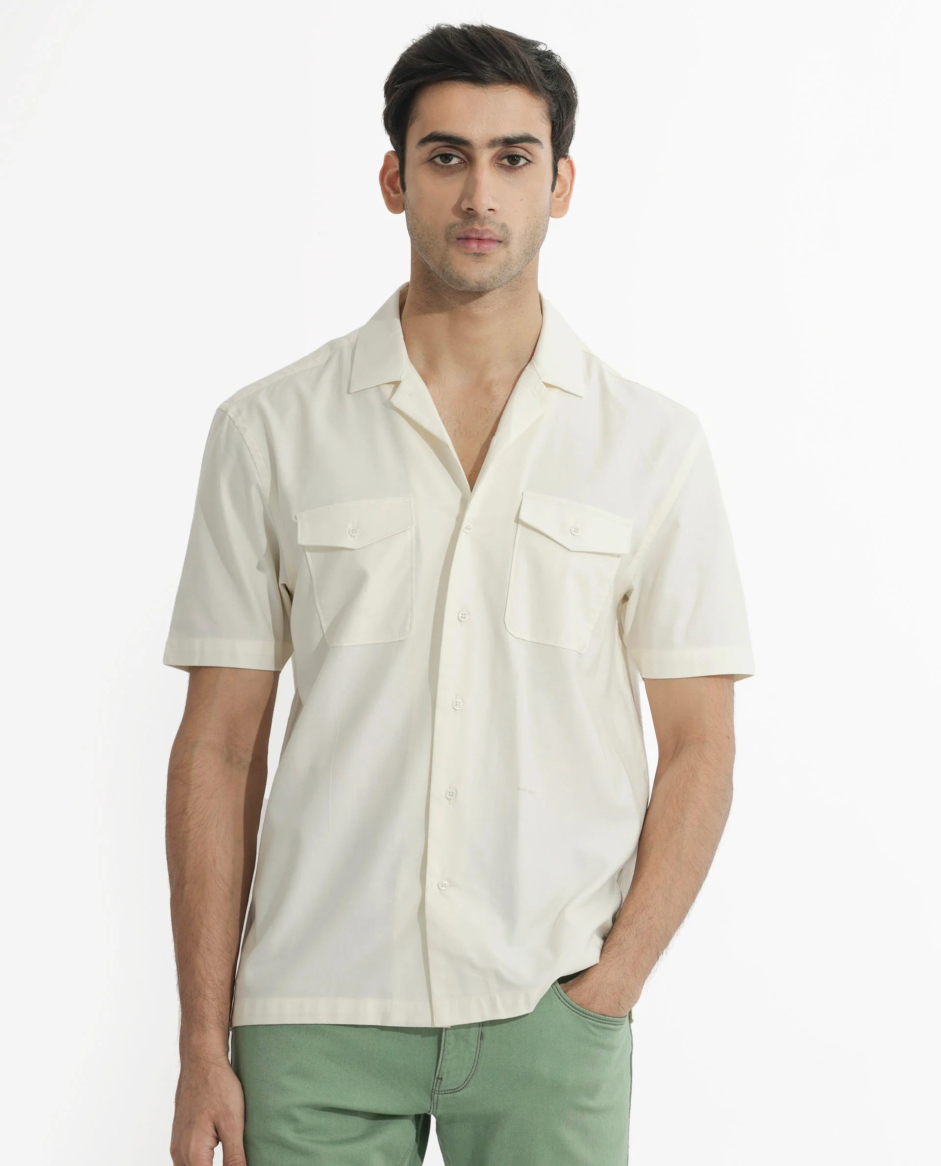 Rare Rabbit Men's Salford Off White Cotton Plain Regular Fit Half Sleeve Cuban Collar Shirt - Image 6