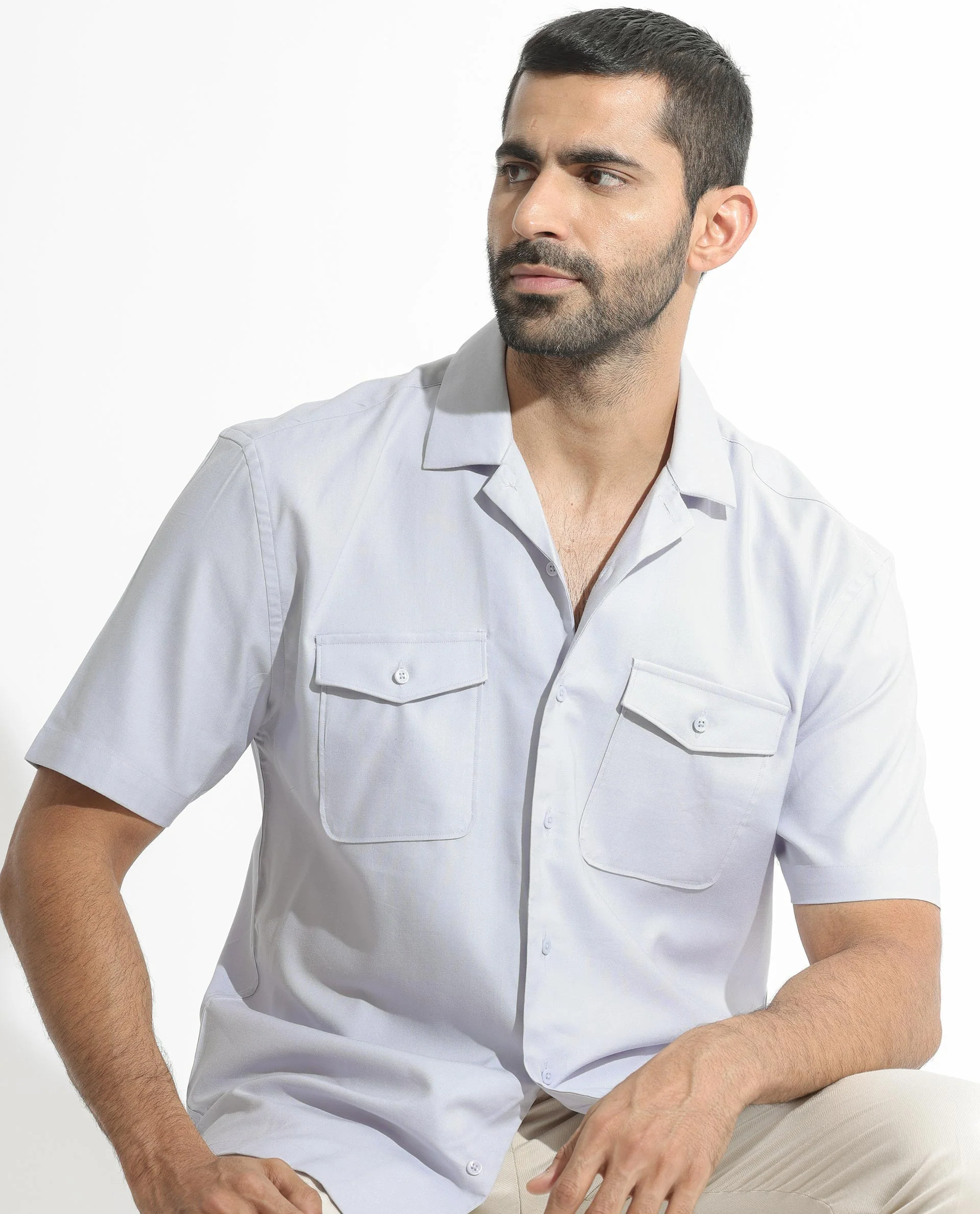 Rare Rabbit Men's Salford Pastel Blue Cotton Plain Regular Fit Half Sleeve Cuban Collar Shirt