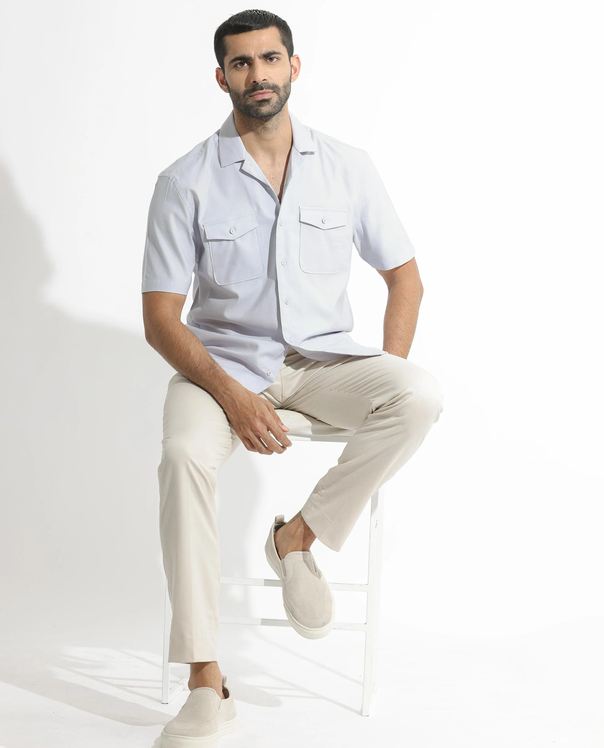 Rare Rabbit Men's Salford Pastel Blue Cotton Plain Regular Fit Half Sleeve Cuban Collar Shirt - Image 2