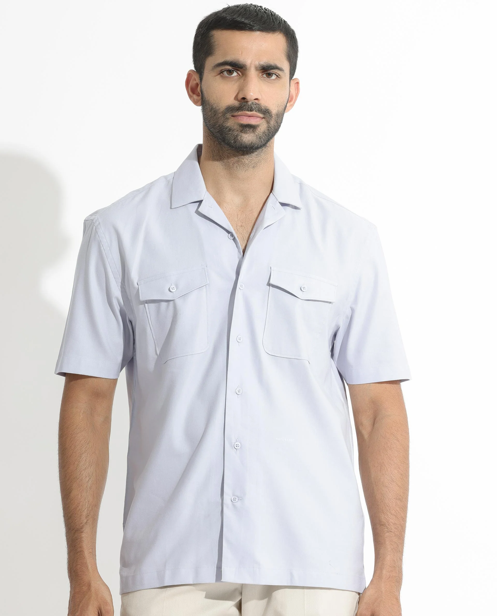 Rare Rabbit Men's Salford Pastel Blue Cotton Plain Regular Fit Half Sleeve Cuban Collar Shirt - Image 3