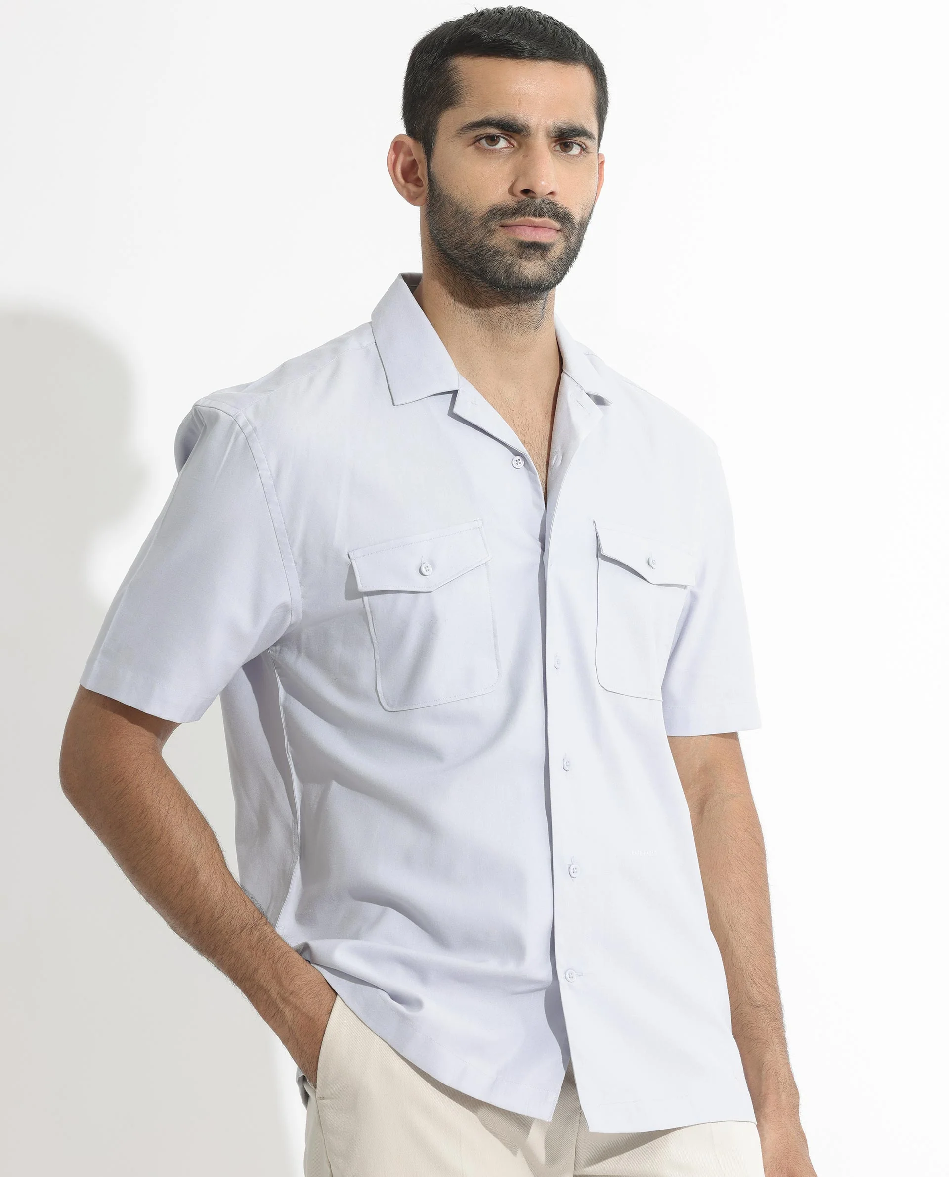 Rare Rabbit Men's Salford Pastel Blue Cotton Plain Regular Fit Half Sleeve Cuban Collar Shirt - Image 6