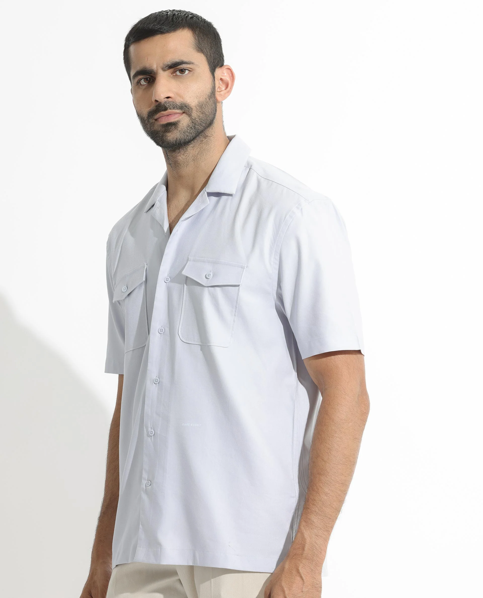 Rare Rabbit Men's Salford Pastel Blue Cotton Plain Regular Fit Half Sleeve Cuban Collar Shirt - Image 7