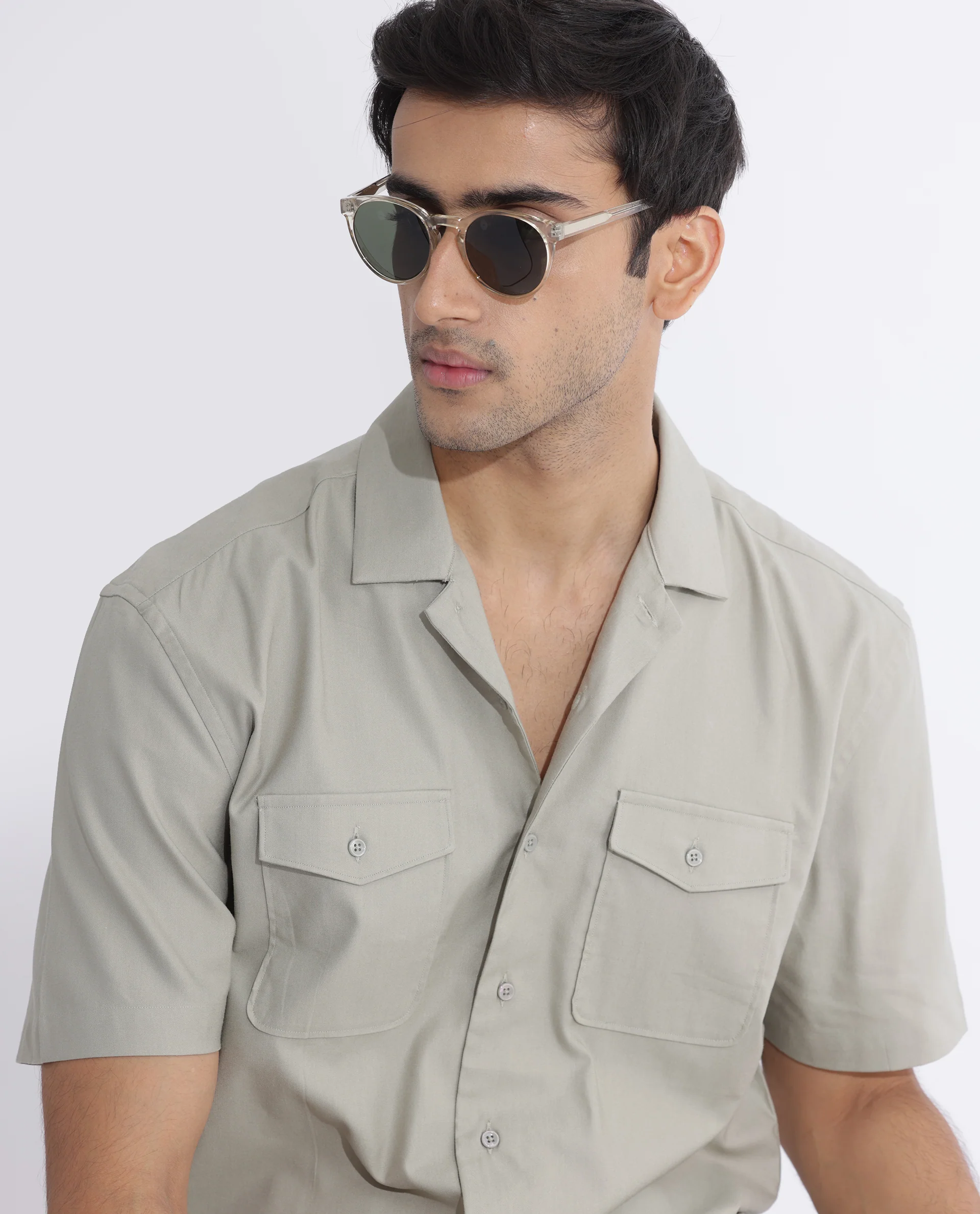 Rare Rabbit Men's Salford Pastel Green Cotton Plain Regular Fit Half Sleeve Cuban Collar Shirt