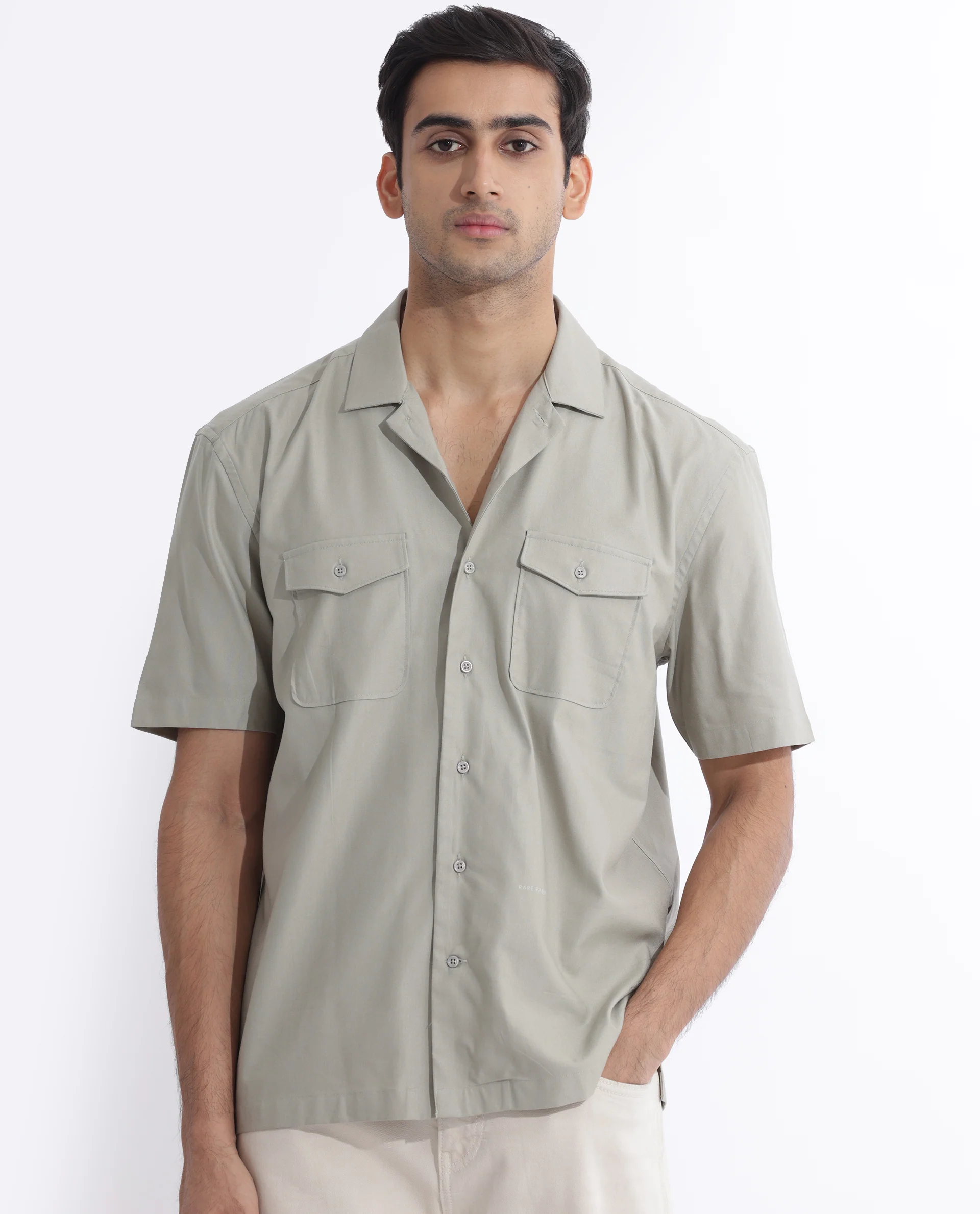 Rare Rabbit Men's Salford Pastel Green Cotton Plain Regular Fit Half Sleeve Cuban Collar Shirt - Image 3