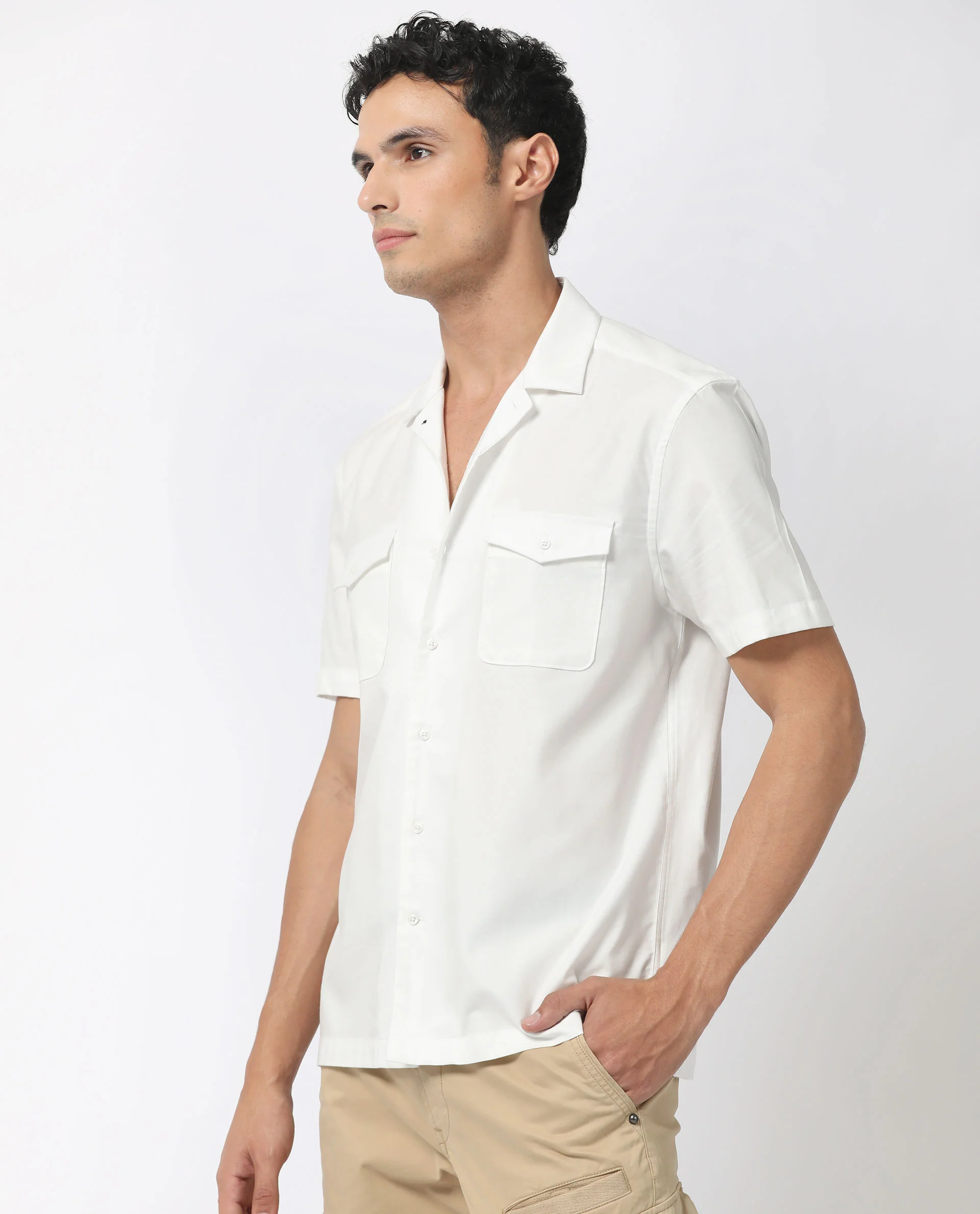 Rare Rabbit Men's Salford White Cotton Plain Regular Fit Half Sleeve Cuban Collar Shirt - Image 3