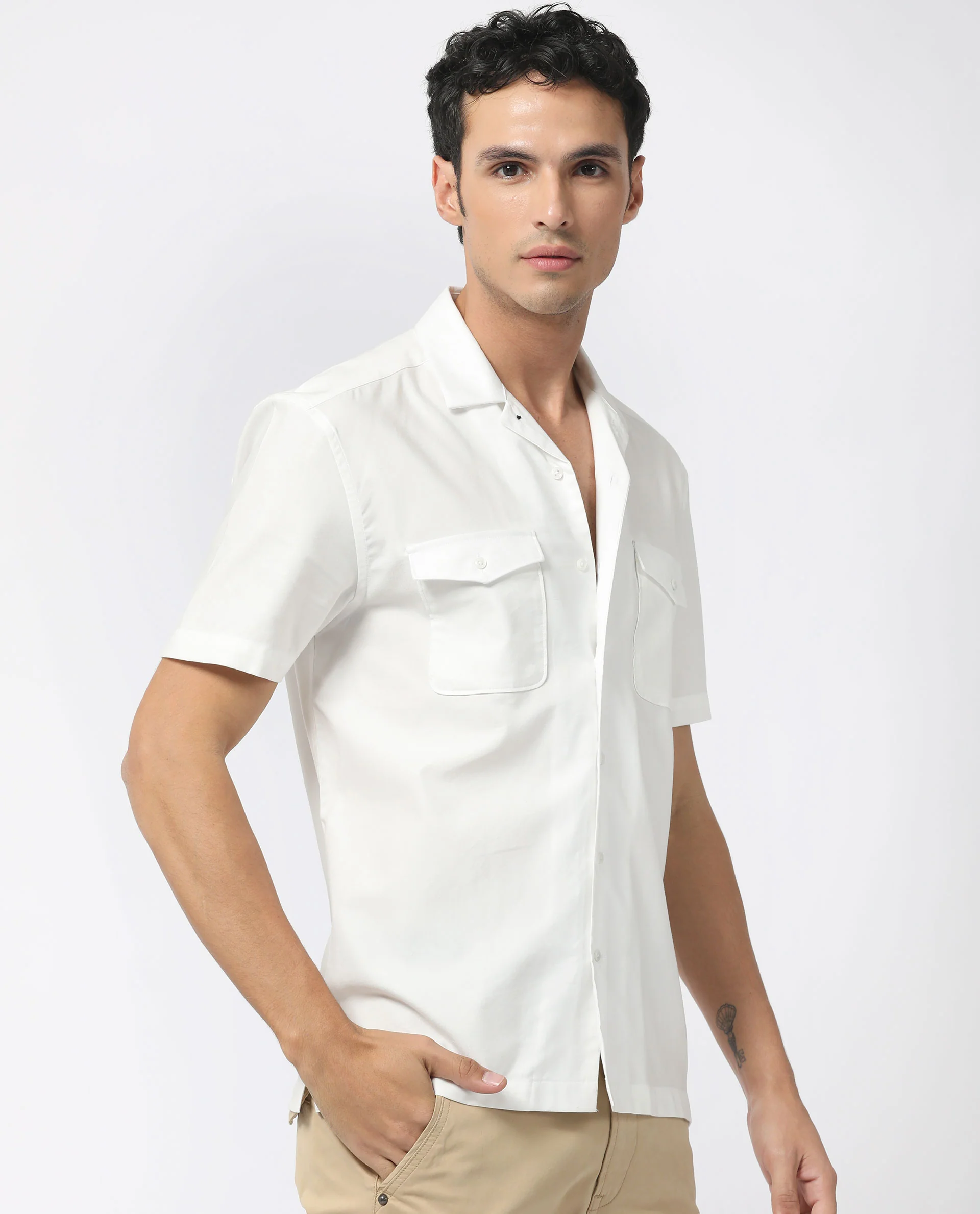 Rare Rabbit Men's Salford White Cotton Plain Regular Fit Half Sleeve Cuban Collar Shirt - Image 6