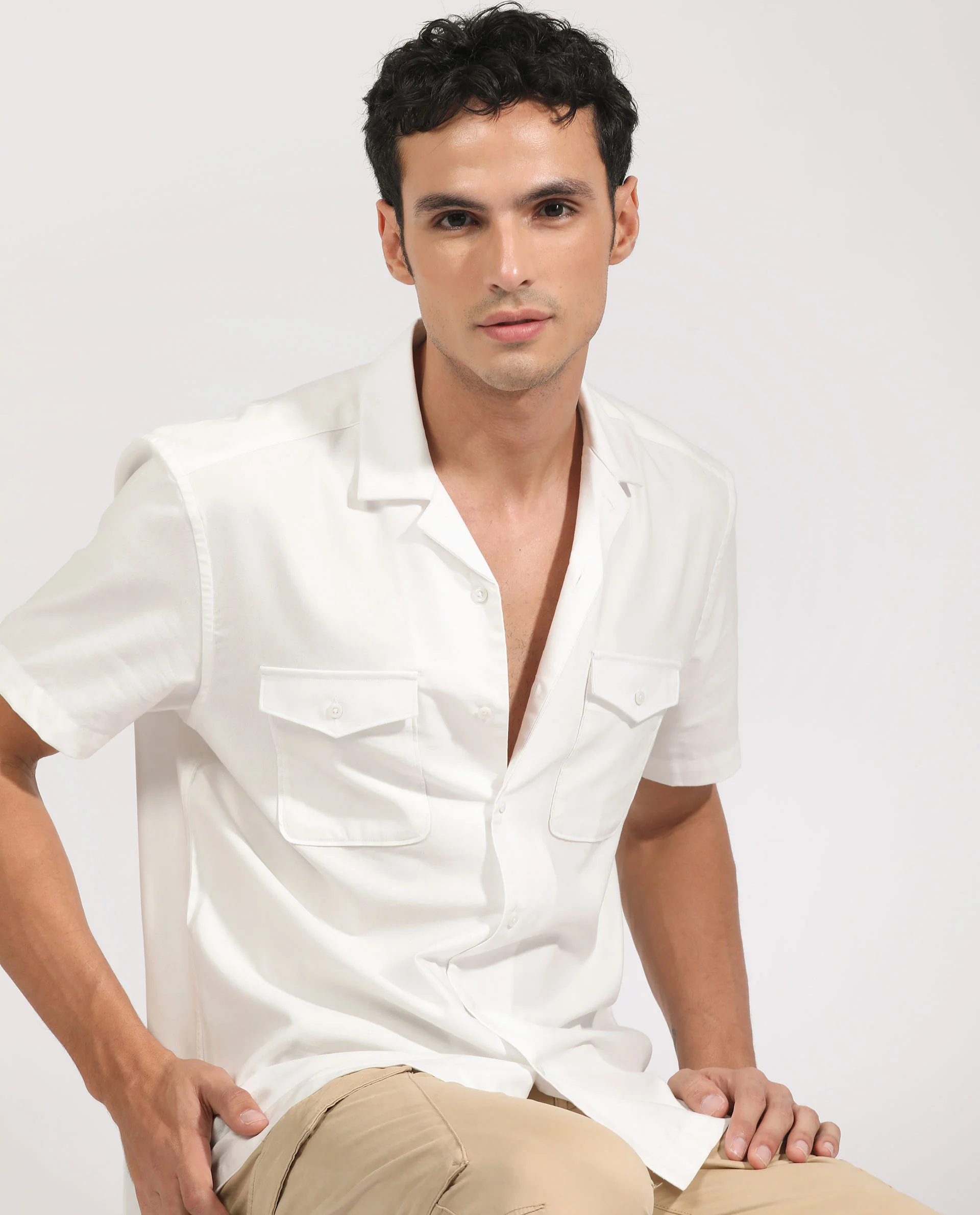 Rare Rabbit Men's Salford White Cotton Plain Regular Fit Half Sleeve Cuban Collar Shirt - Image 7