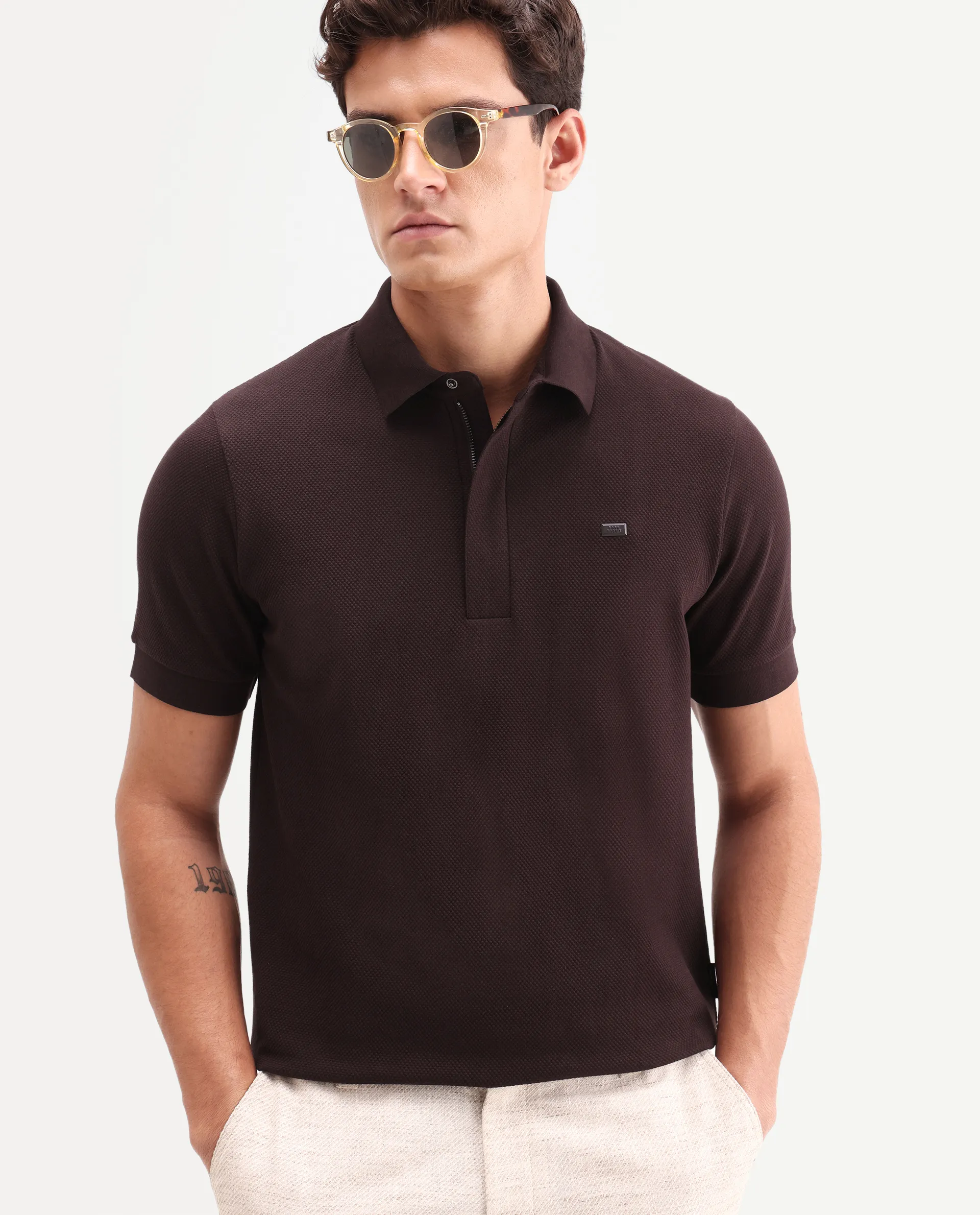 Rare Rabbit Men's Salio Dark Brown Cotton Blend Fabric Half Sleeve Spread Collar Regular Plain Polo