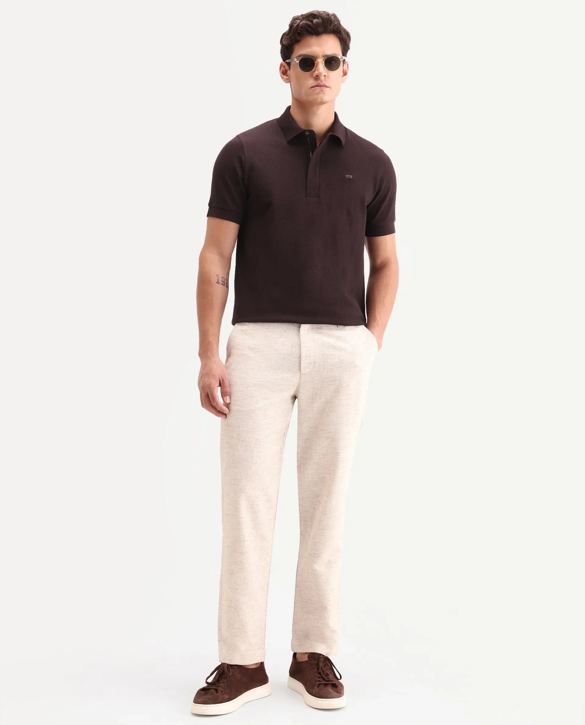 Rare Rabbit Men's Salio Dark Brown Cotton Blend Fabric Half Sleeve Spread Collar Regular Plain Polo - Image 2