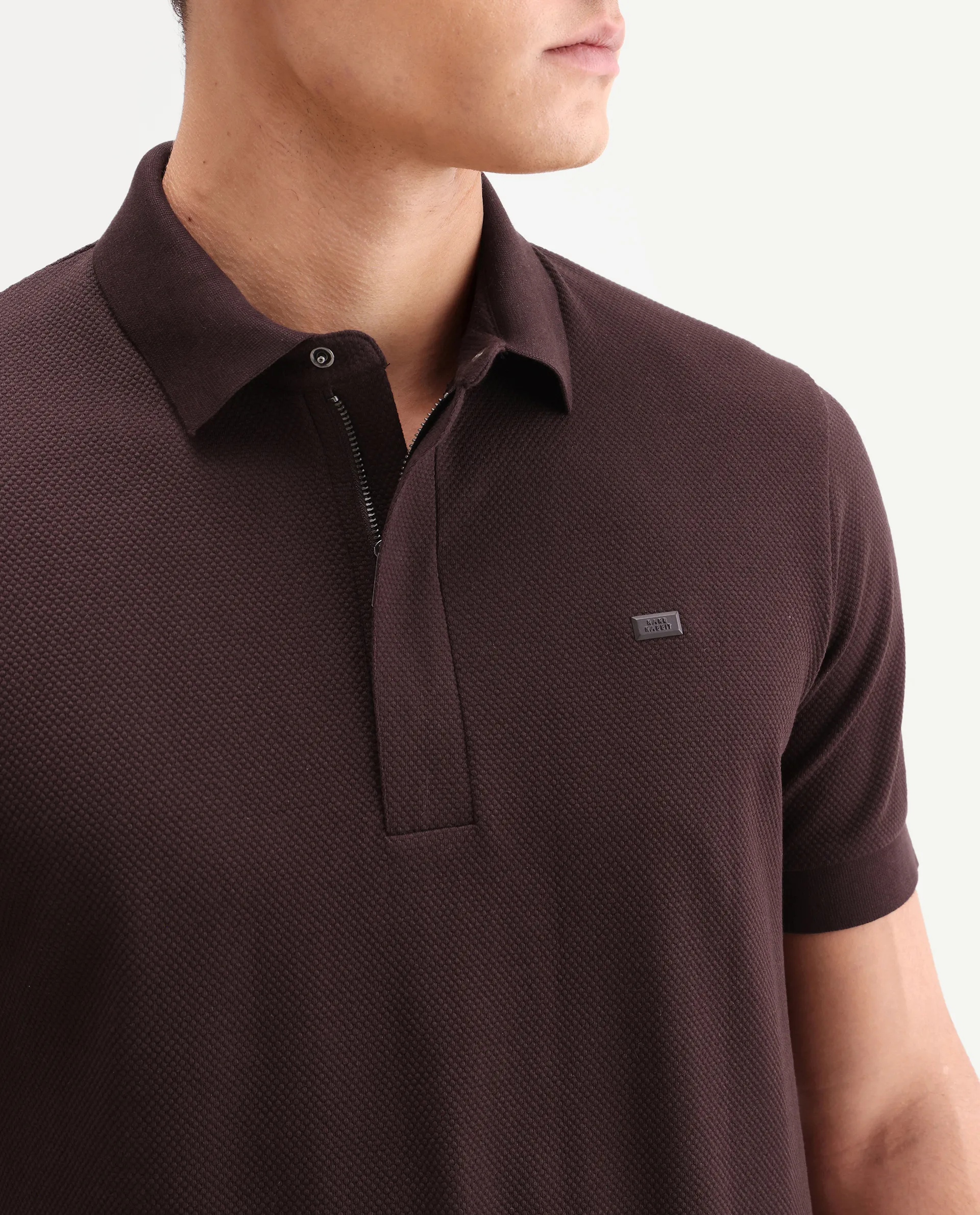 Rare Rabbit Men's Salio Dark Brown Cotton Blend Fabric Half Sleeve Spread Collar Regular Plain Polo - Image 3