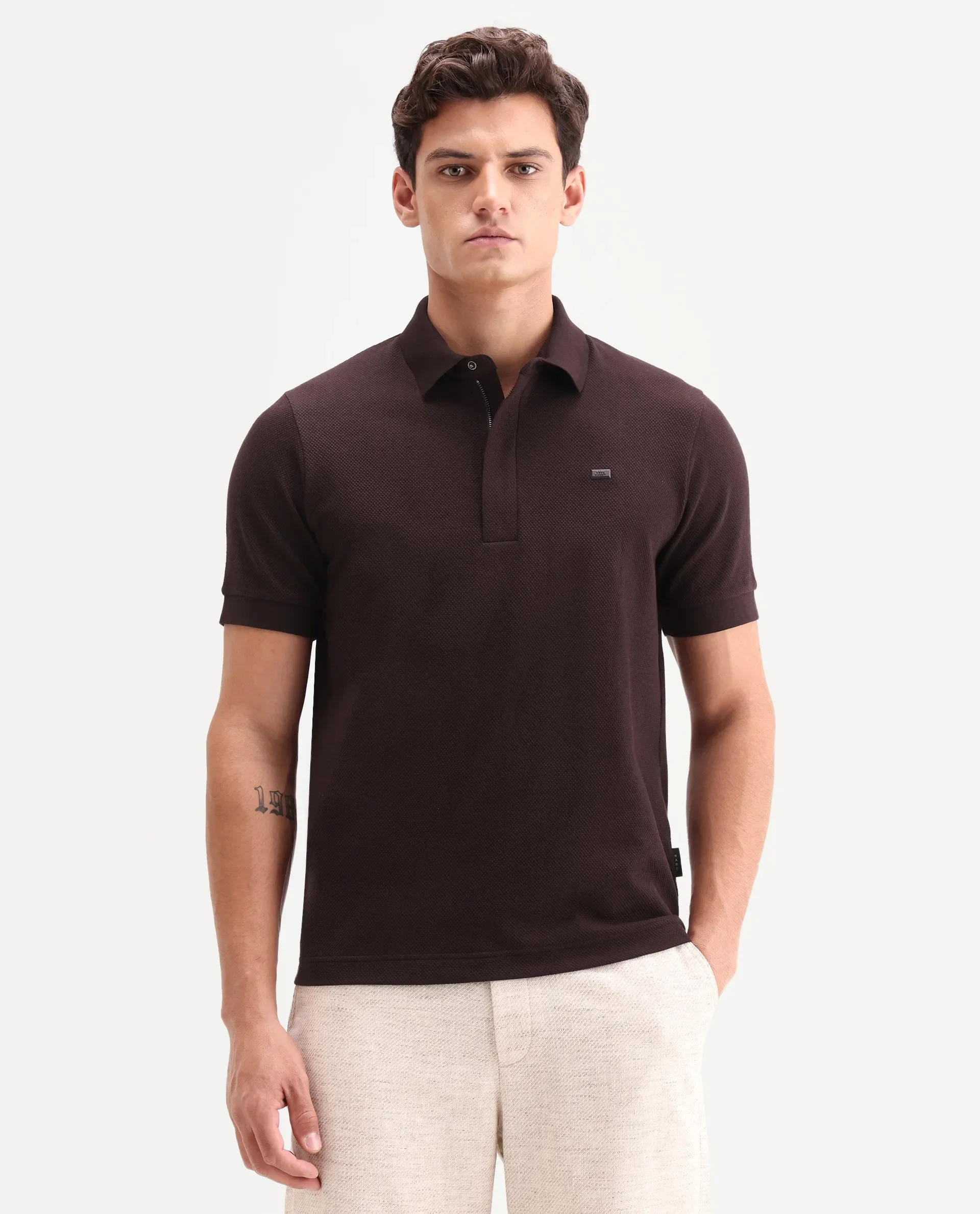 Rare Rabbit Men's Salio Dark Brown Cotton Blend Fabric Half Sleeve Spread Collar Regular Plain Polo - Image 4