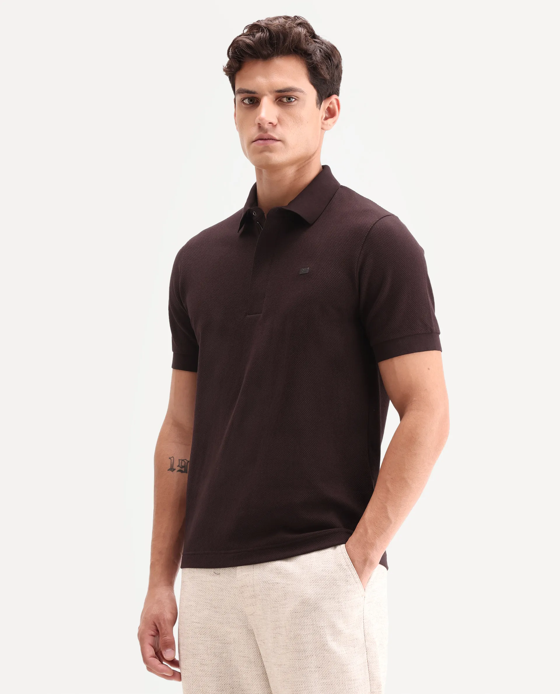 Rare Rabbit Men's Salio Dark Brown Cotton Blend Fabric Half Sleeve Spread Collar Regular Plain Polo - Image 5