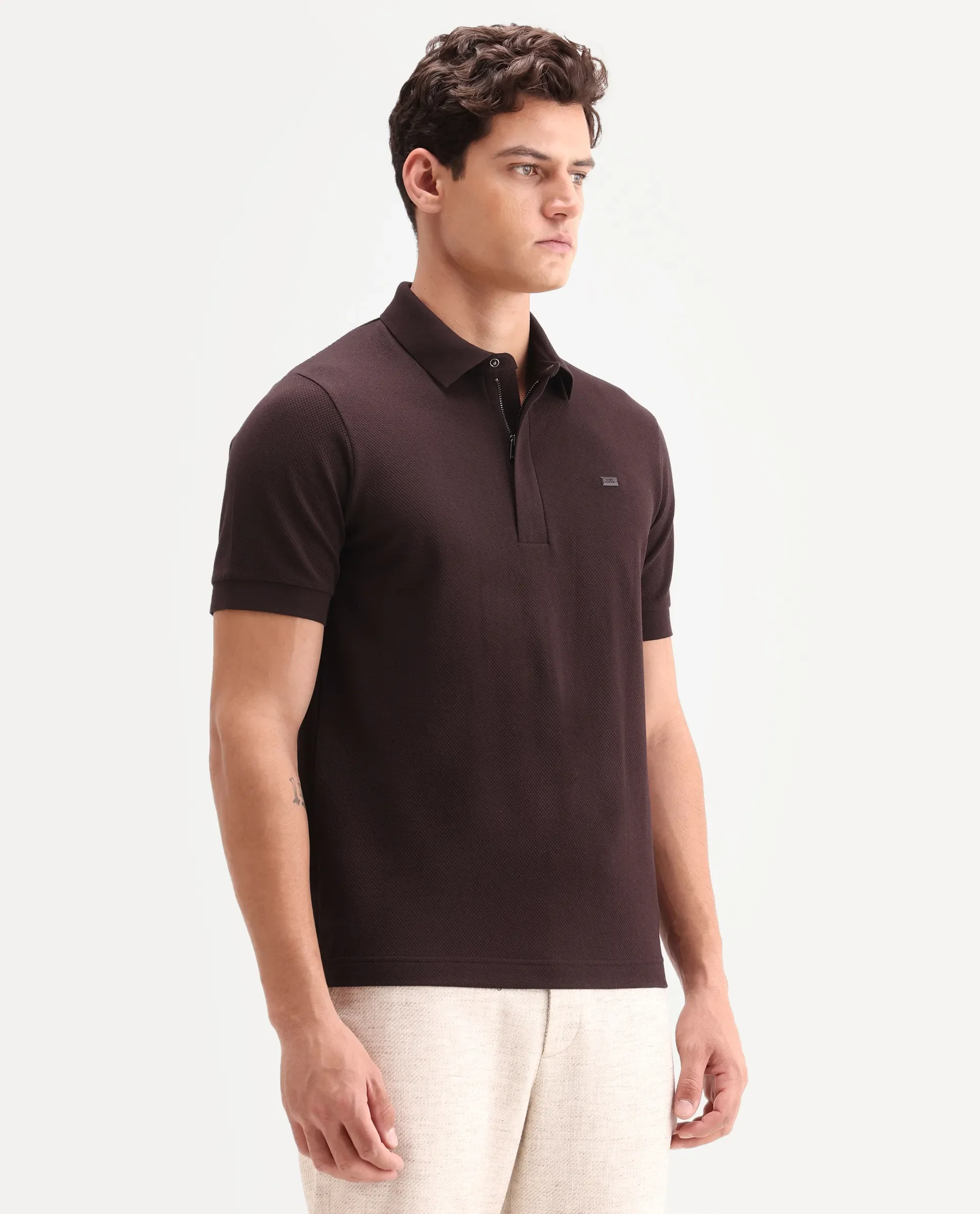 Rare Rabbit Men's Salio Dark Brown Cotton Blend Fabric Half Sleeve Spread Collar Regular Plain Polo - Image 6