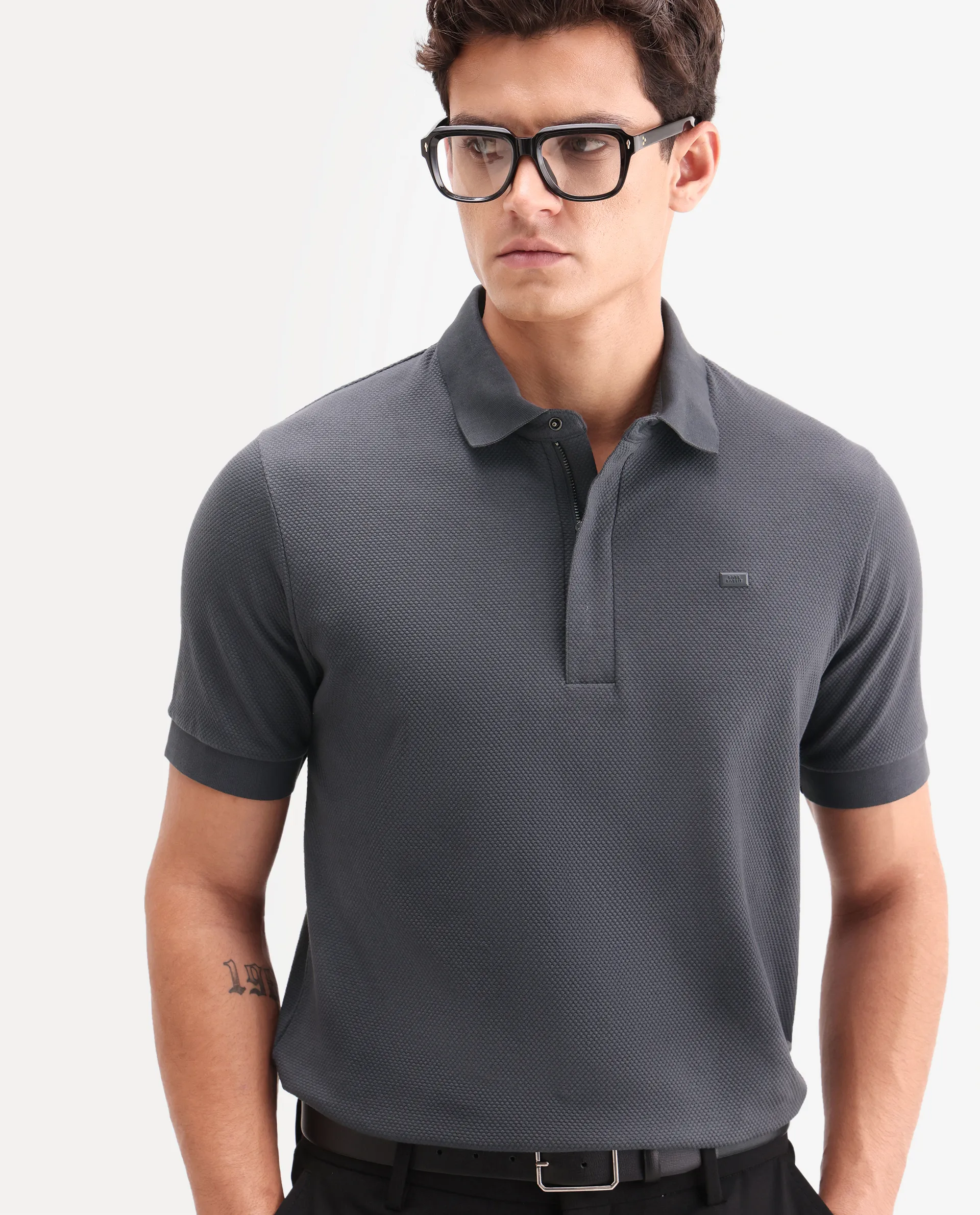 Rare Rabbit Men's Salio Dark Grey Cotton Blend Fabric Half Sleeve Spread Collar Regular Plain Polo