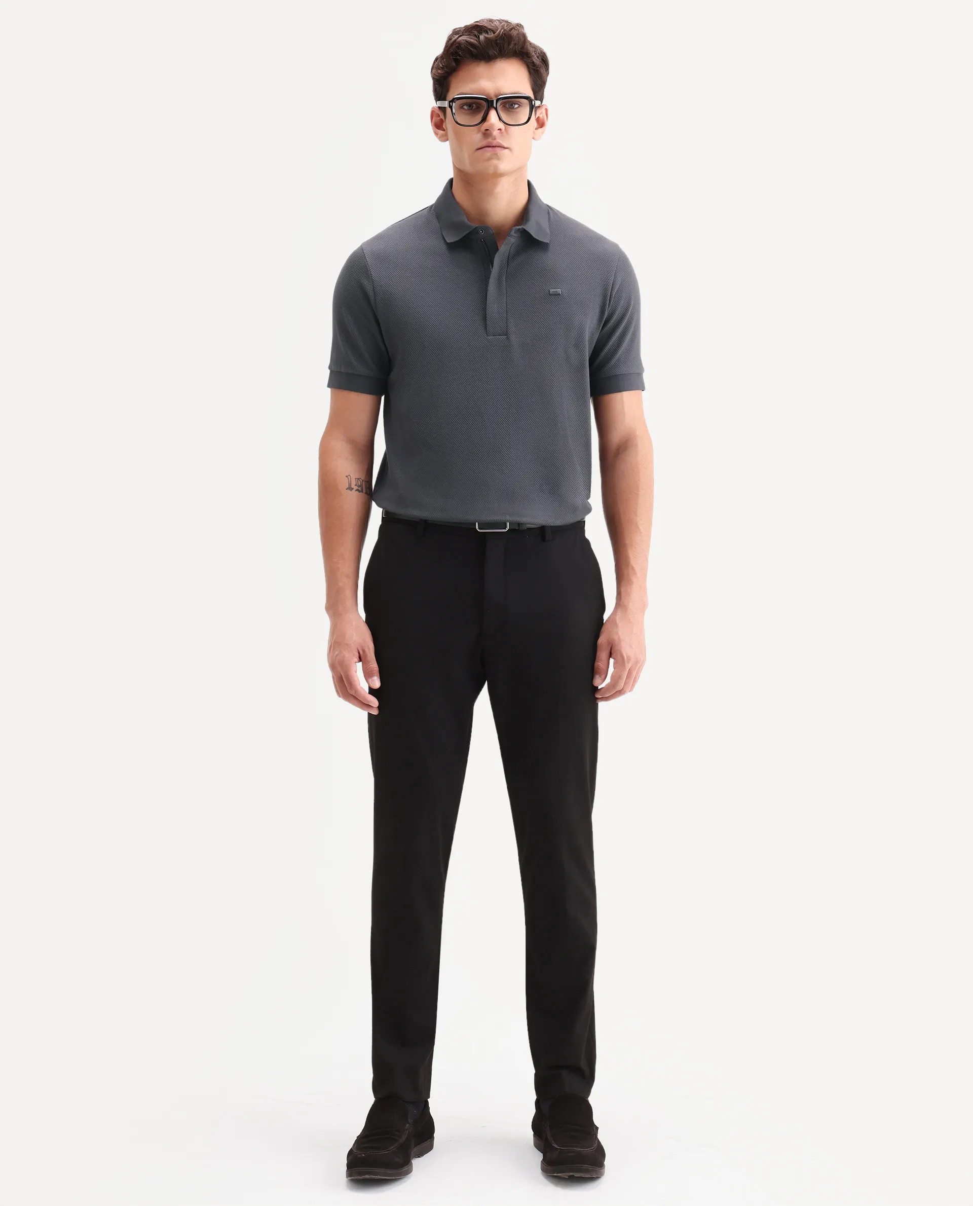Rare Rabbit Men's Salio Dark Grey Cotton Blend Fabric Half Sleeve Spread Collar Regular Plain Polo - Image 2