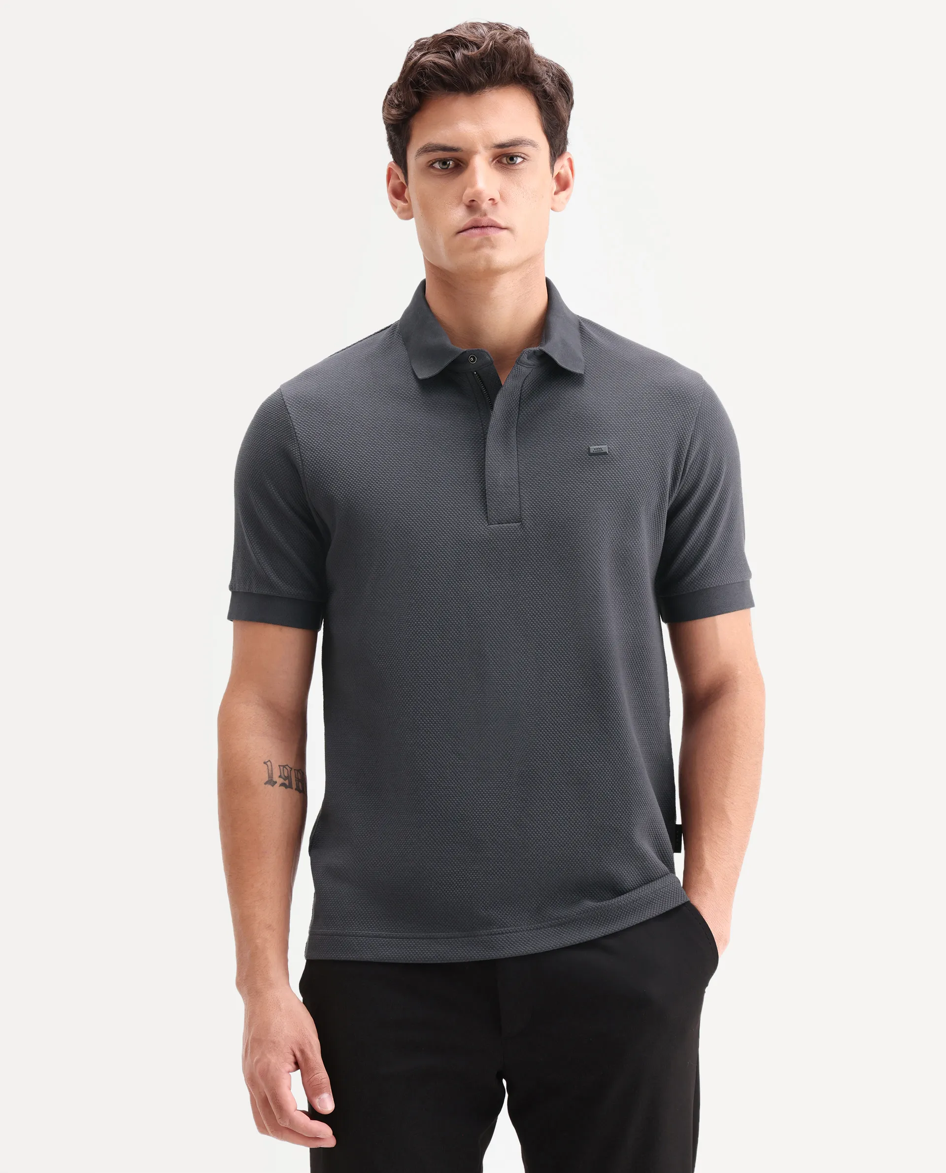 Rare Rabbit Men's Salio Dark Grey Cotton Blend Fabric Half Sleeve Spread Collar Regular Plain Polo - Image 4
