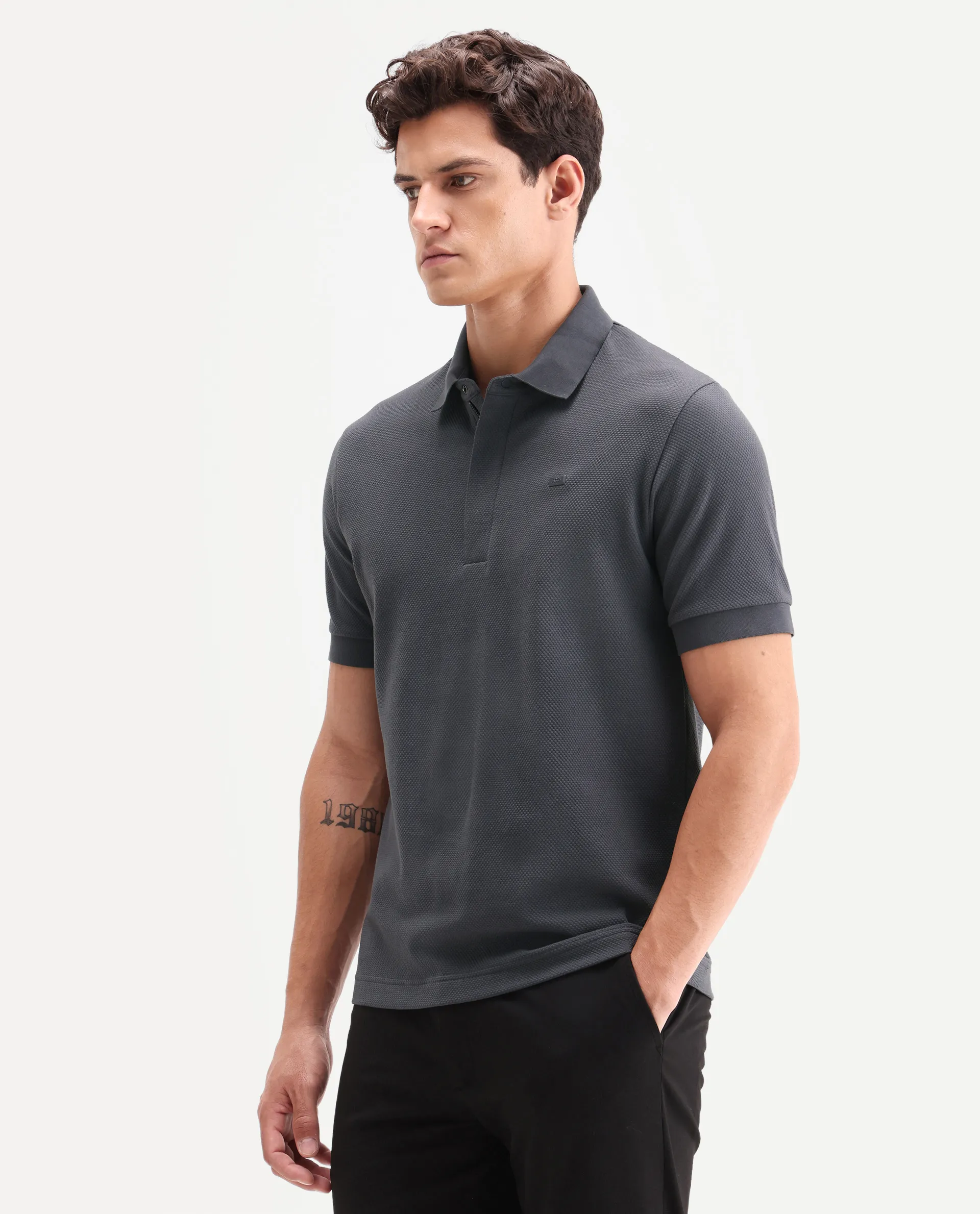Rare Rabbit Men's Salio Dark Grey Cotton Blend Fabric Half Sleeve Spread Collar Regular Plain Polo - Image 5