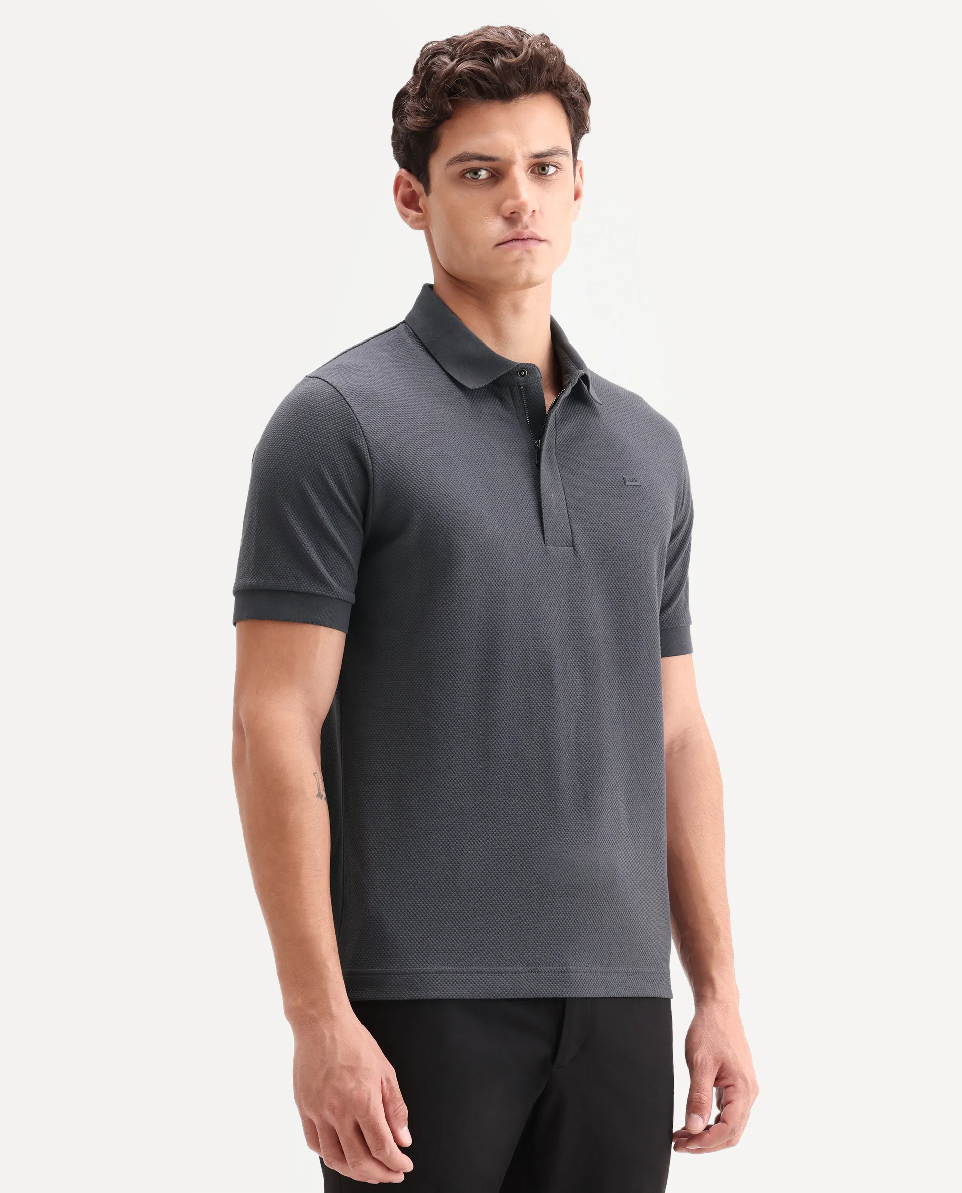 Rare Rabbit Men's Salio Dark Grey Cotton Blend Fabric Half Sleeve Spread Collar Regular Plain Polo - Image 6