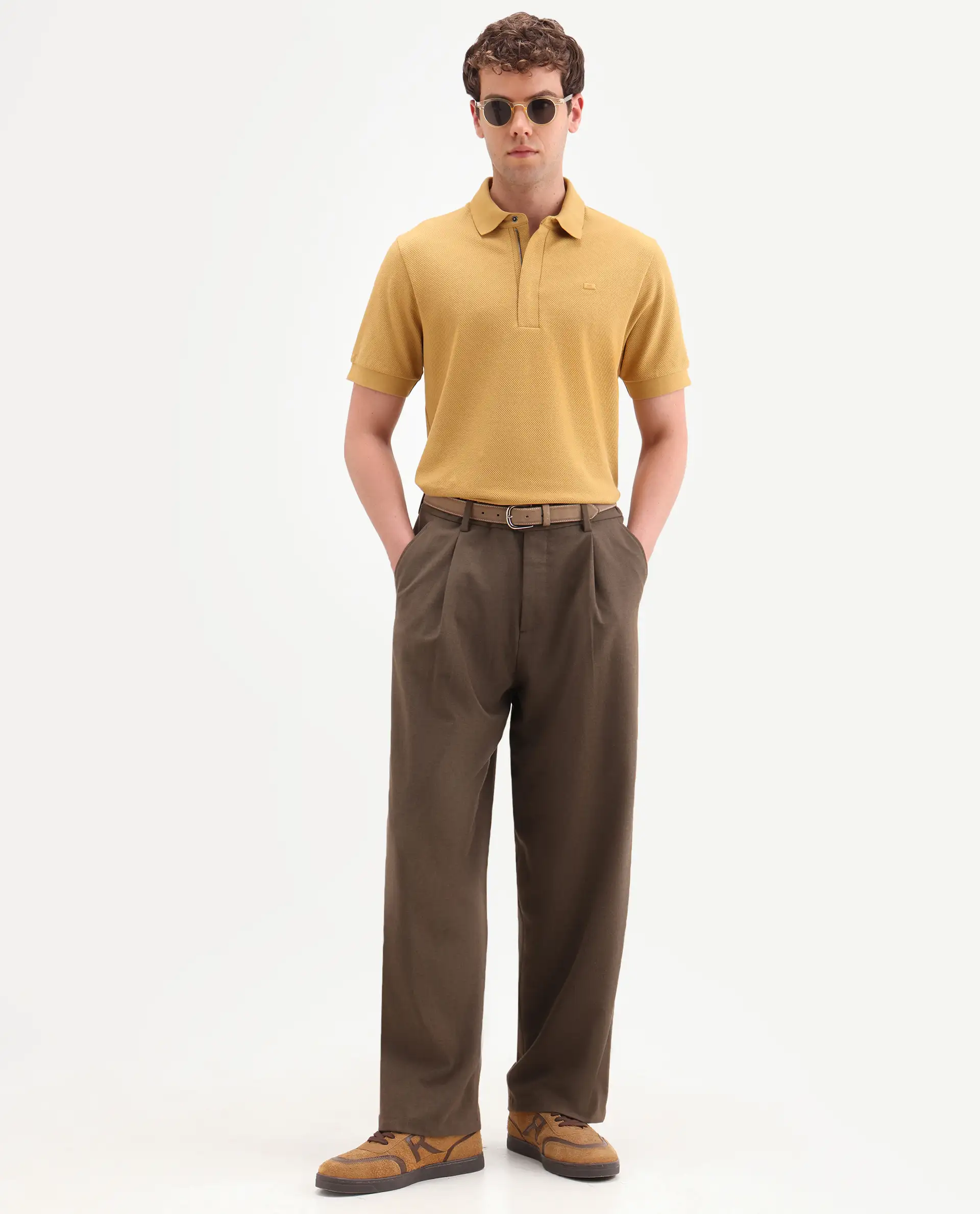 Rare Rabbit Men's Salio Mustard Cotton Blend Fabric Half Sleeve Spread Collar Regular Plain Polo - Image 2