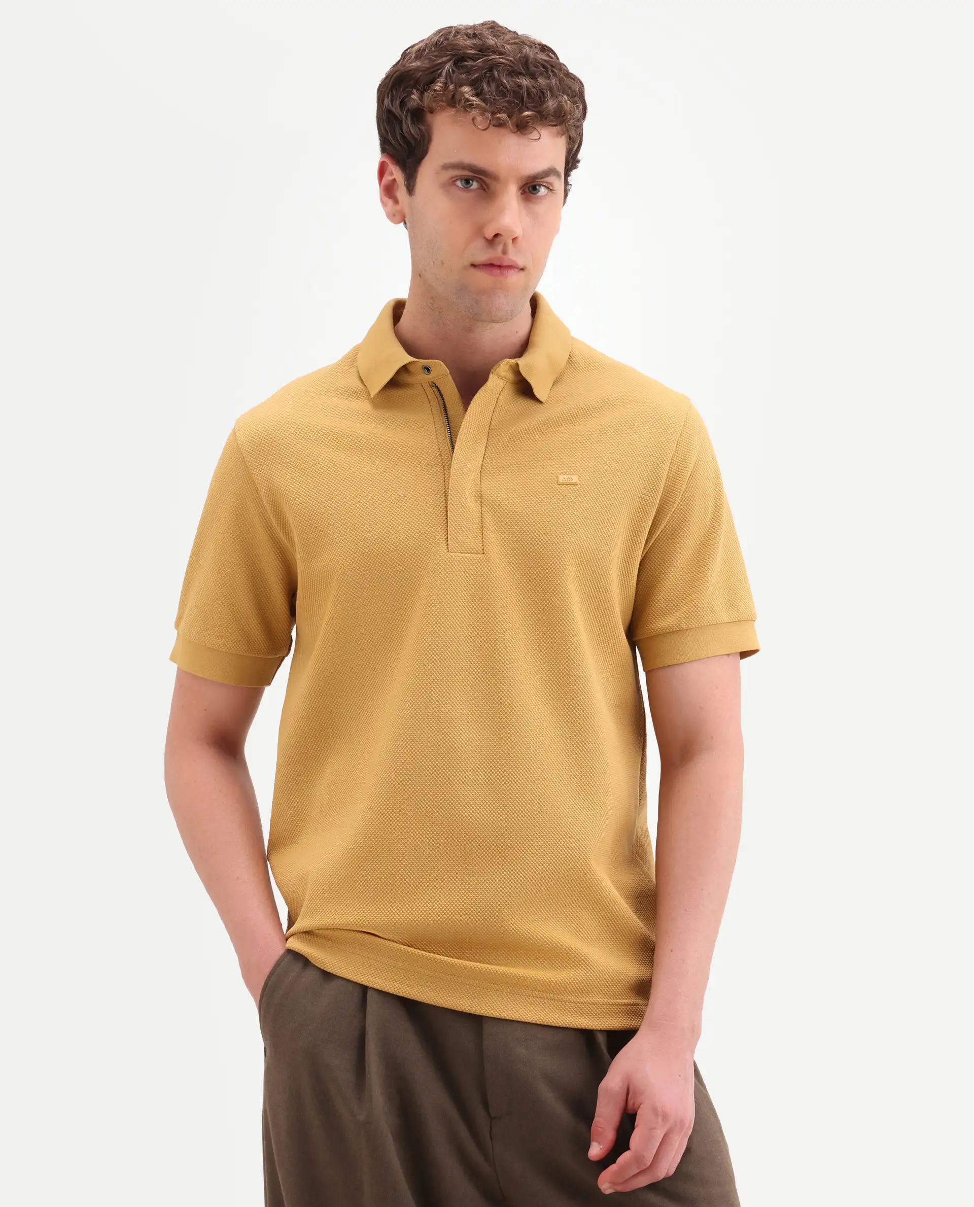 Rare Rabbit Men's Salio Mustard Cotton Blend Fabric Half Sleeve Spread Collar Regular Plain Polo - Image 4