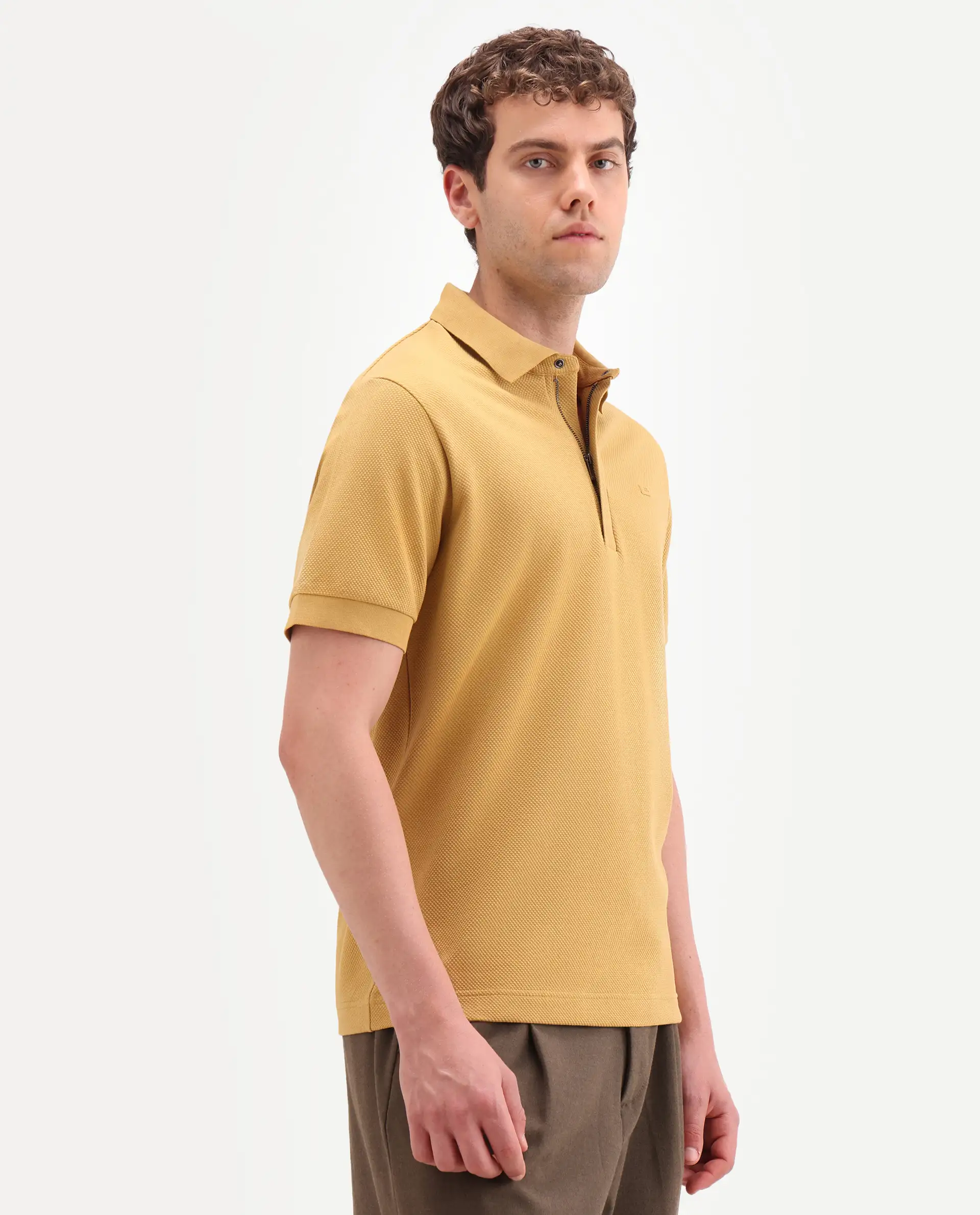 Rare Rabbit Men's Salio Mustard Cotton Blend Fabric Half Sleeve Spread Collar Regular Plain Polo - Image 5