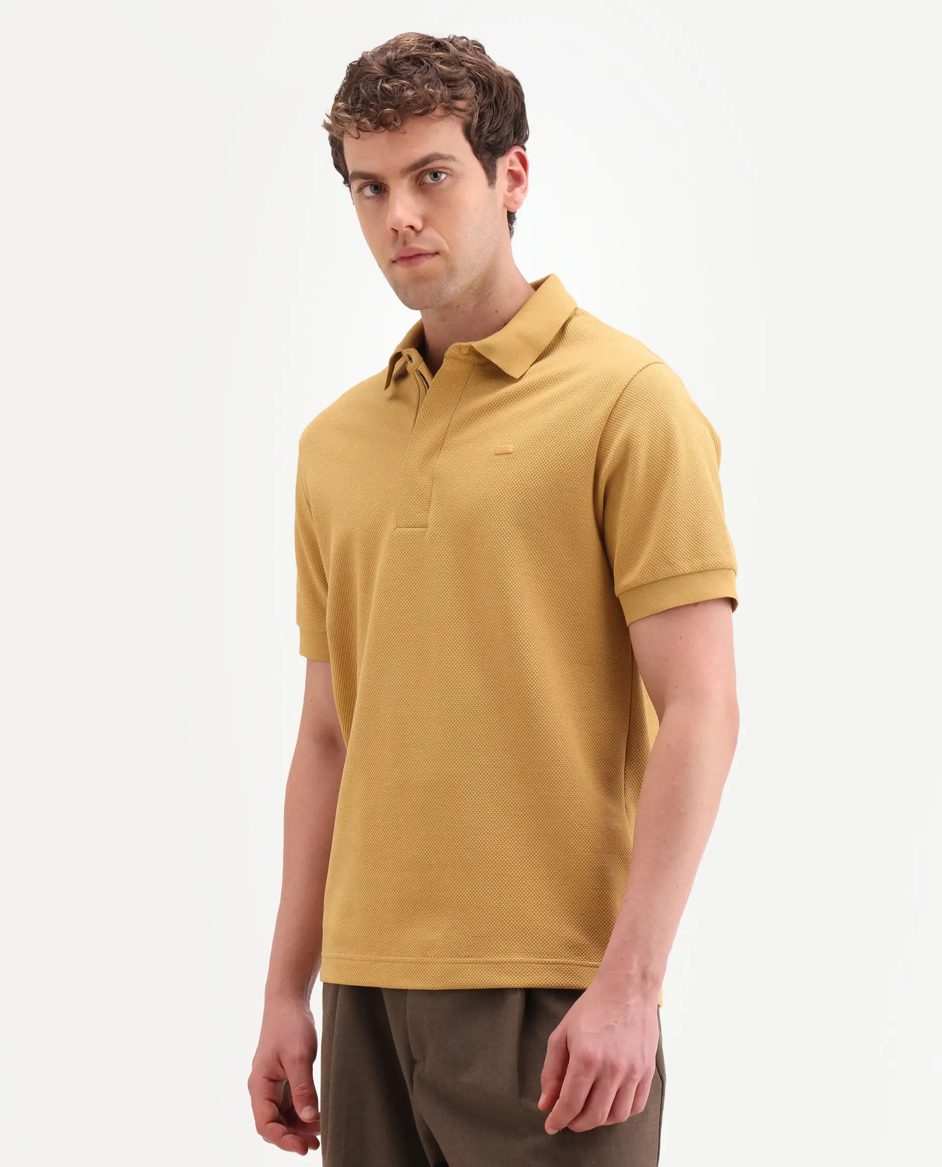 Rare Rabbit Men's Salio Mustard Cotton Blend Fabric Half Sleeve Spread Collar Regular Plain Polo - Image 6