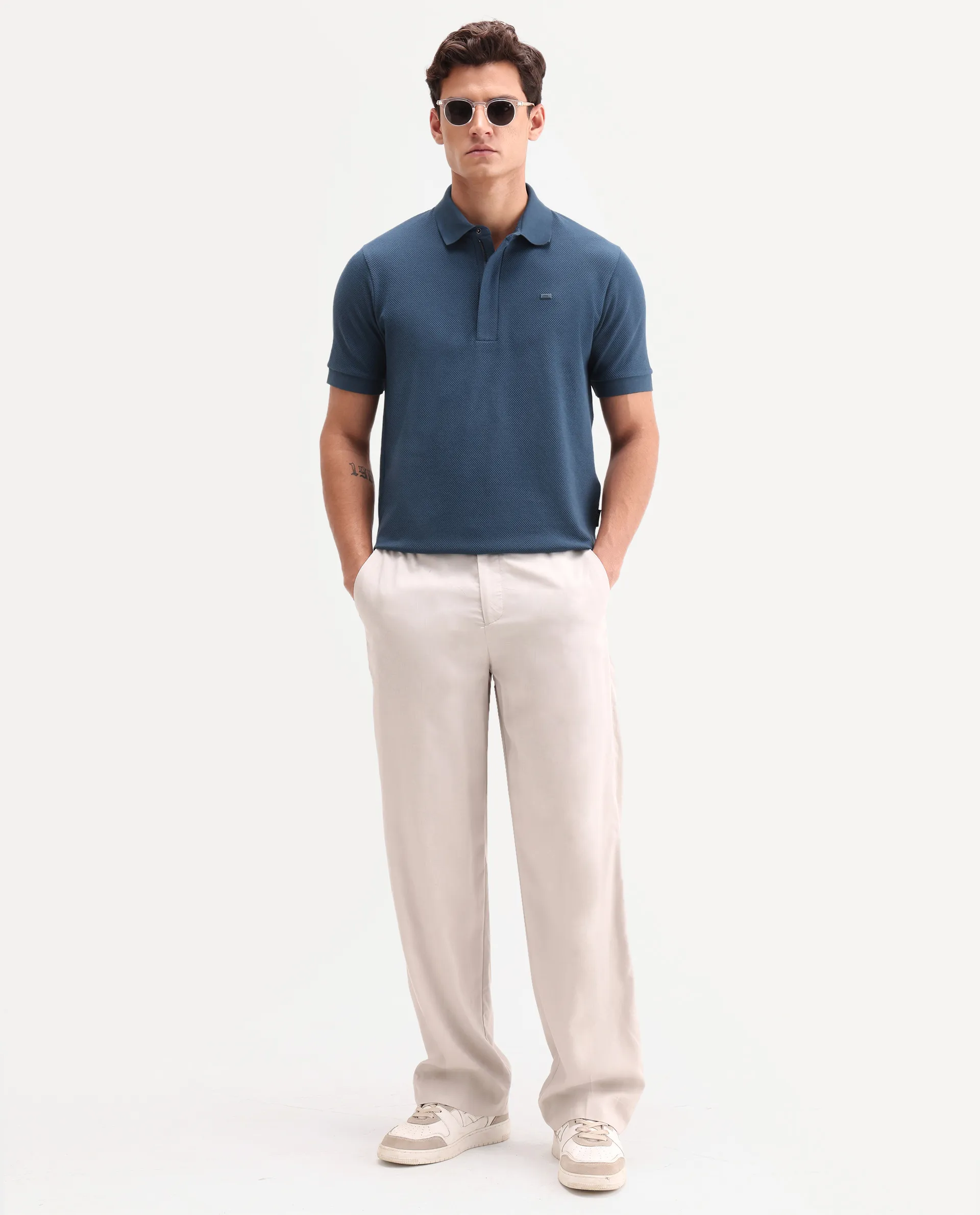 Rare Rabbit Men's Salio Petrol Cotton Blend Fabric Half Sleeve Spread Collar Regular Plain Polo - Image 2