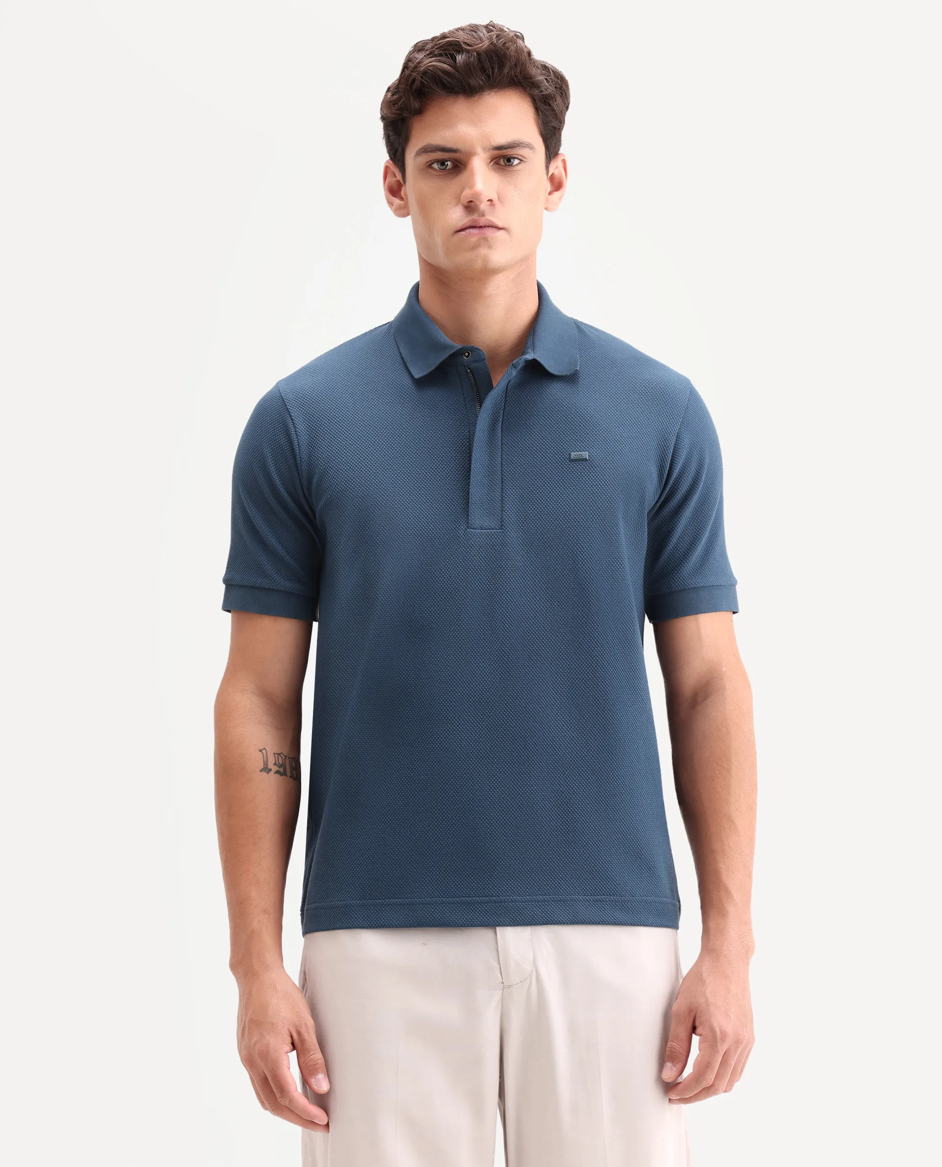 Rare Rabbit Men's Salio Petrol Cotton Blend Fabric Half Sleeve Spread Collar Regular Plain Polo - Image 4