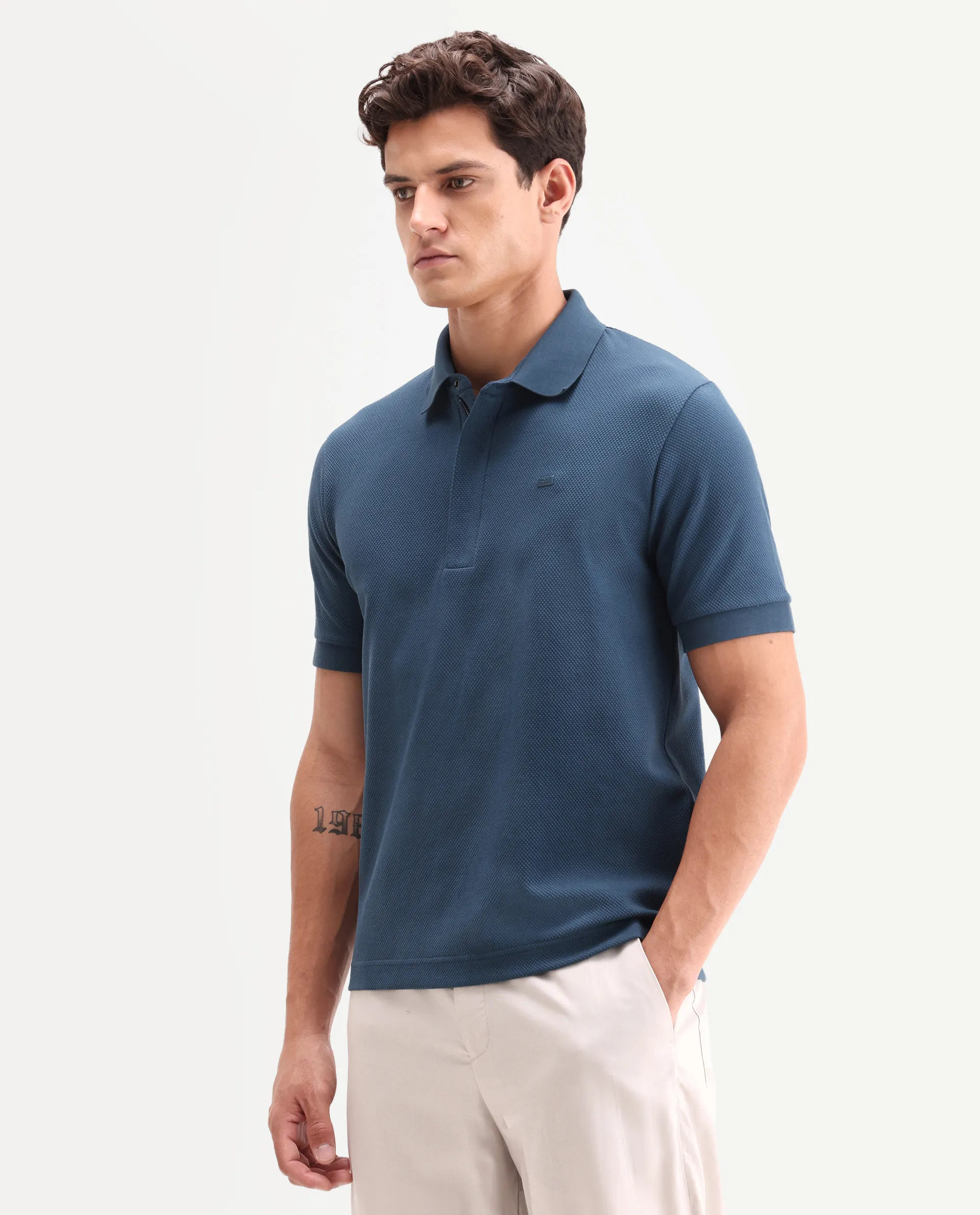 Rare Rabbit Men's Salio Petrol Cotton Blend Fabric Half Sleeve Spread Collar Regular Plain Polo - Image 5