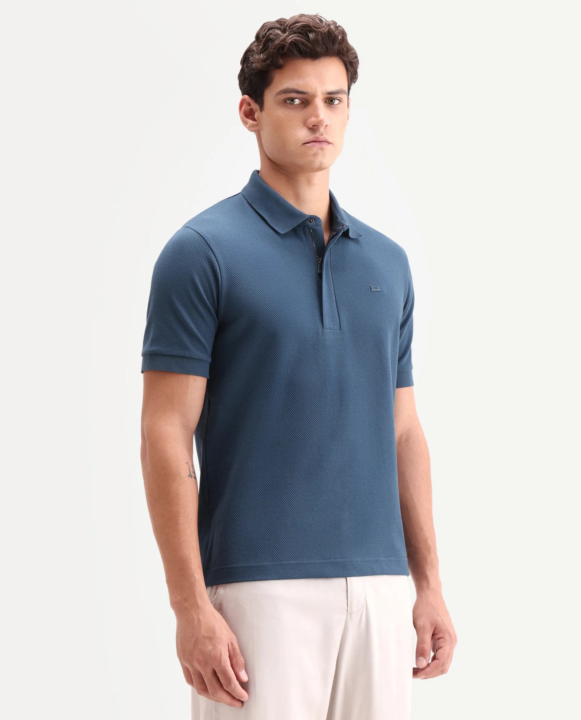 Rare Rabbit Men's Salio Petrol Cotton Blend Fabric Half Sleeve Spread Collar Regular Plain Polo - Image 6