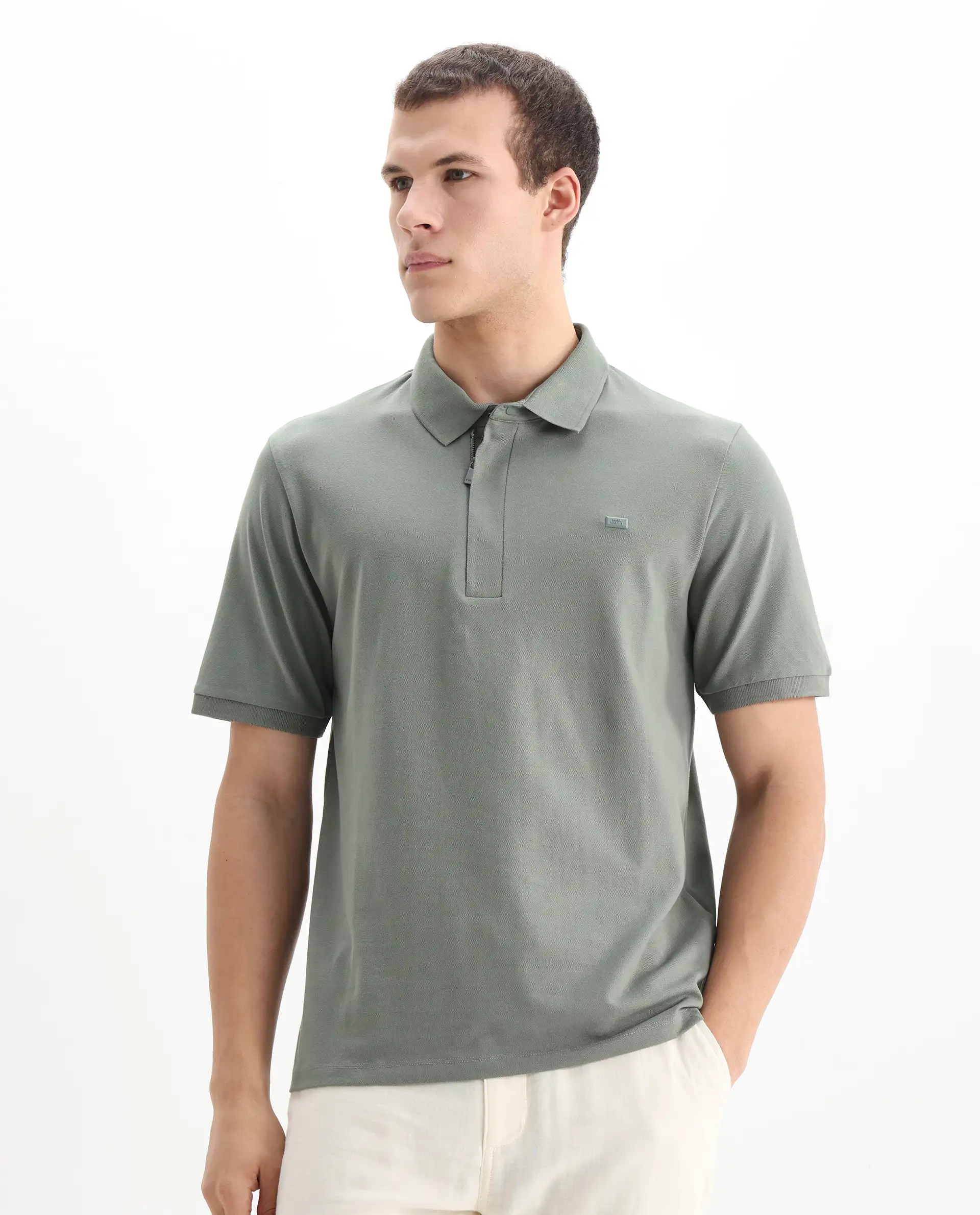 Rare Rabbit Men's Salis-2 Dusky Green Cotton Plain Regular Fit Half Sleeve Polo - Image 4