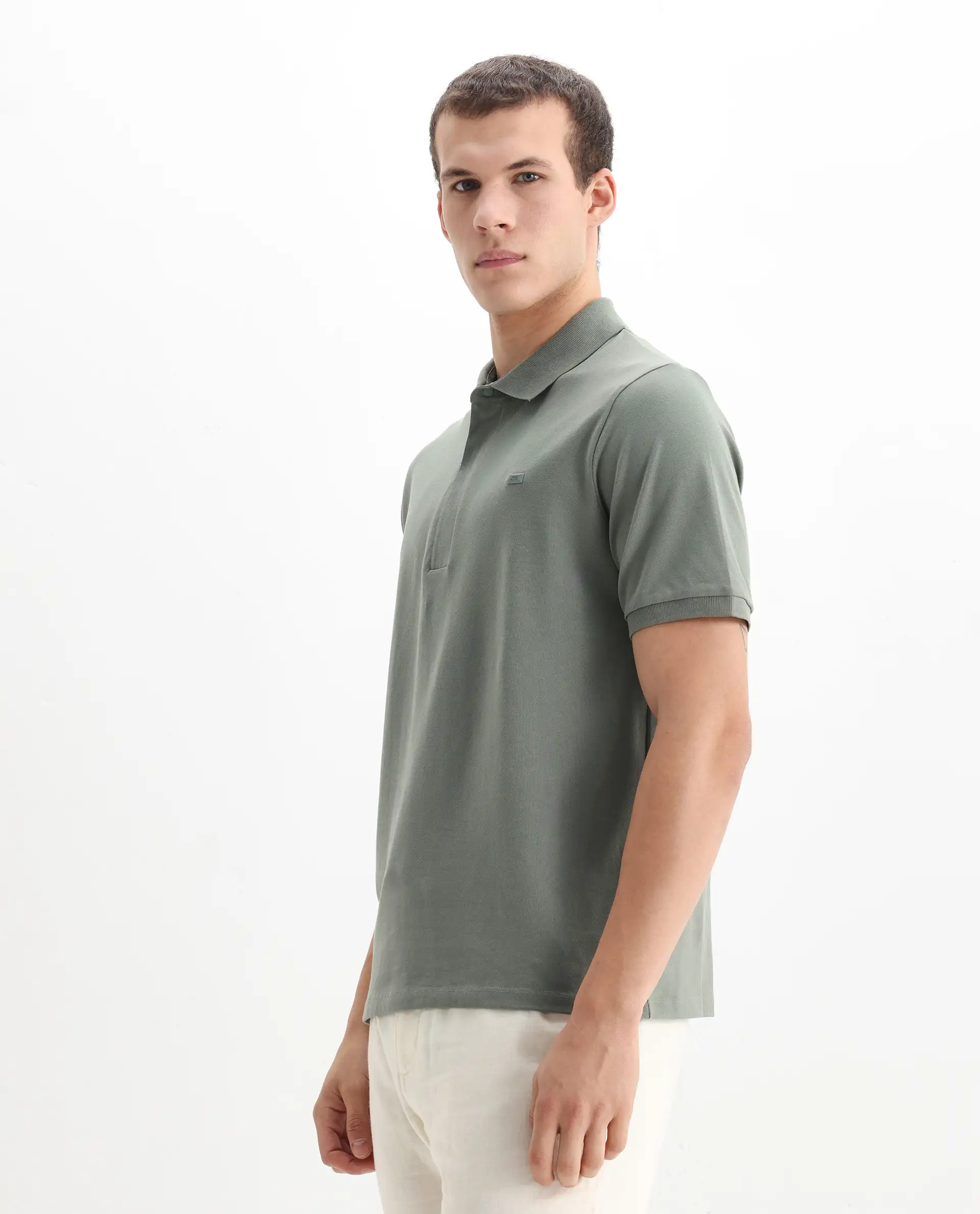 Rare Rabbit Men's Salis-2 Dusky Green Cotton Plain Regular Fit Half Sleeve Polo - Image 5