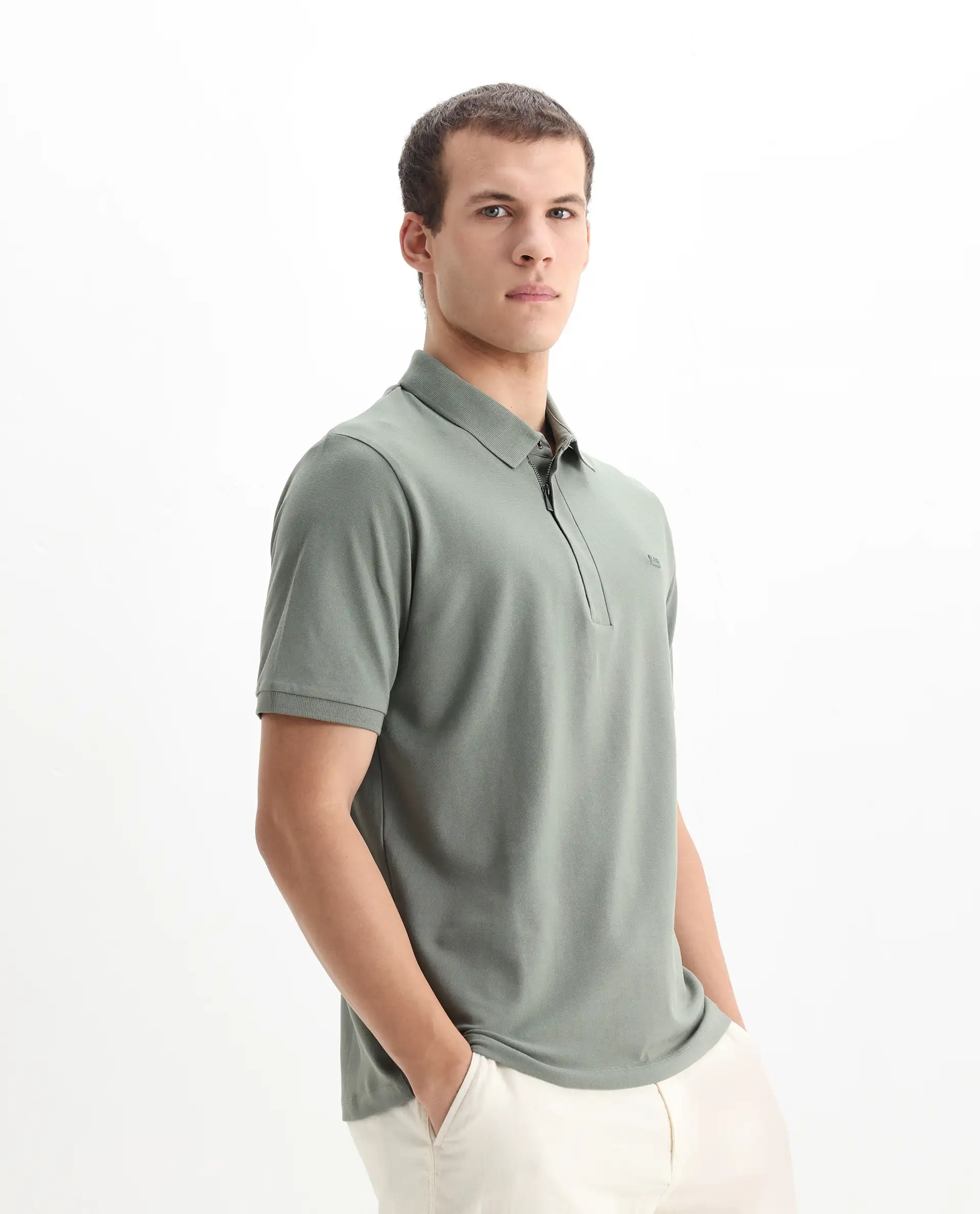 Rare Rabbit Men's Salis-2 Dusky Green Cotton Plain Regular Fit Half Sleeve Polo - Image 6