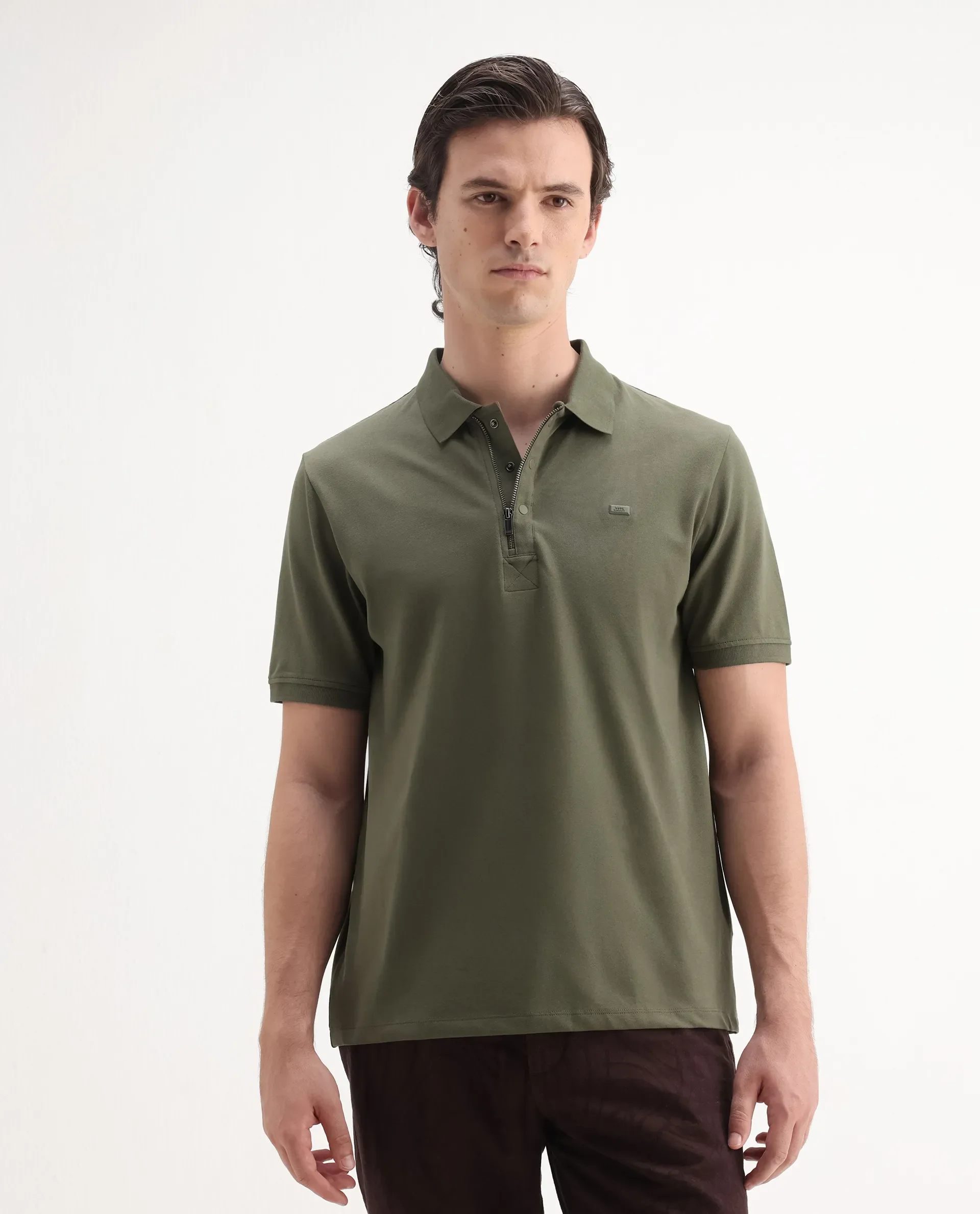 Rare Rabbit Men's Salis2 Light Olive Cotton Plain Regular Fit Half Sleeve Polo - Image 3