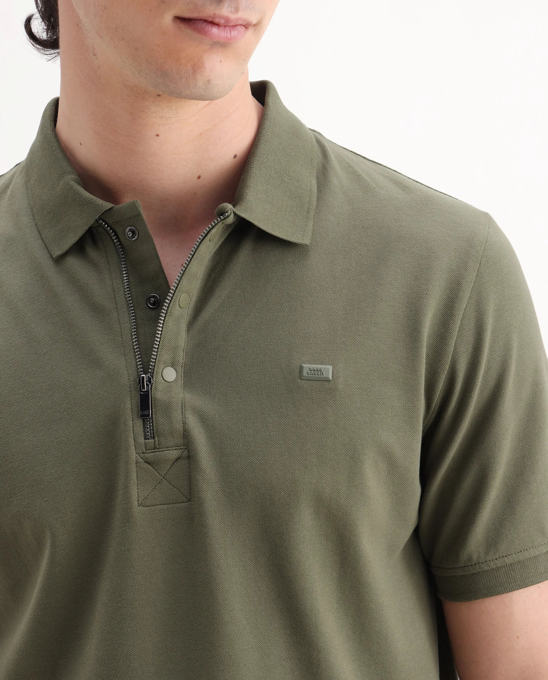 Rare Rabbit Men's Salis2 Light Olive Cotton Plain Regular Fit Half Sleeve Polo - Image 4