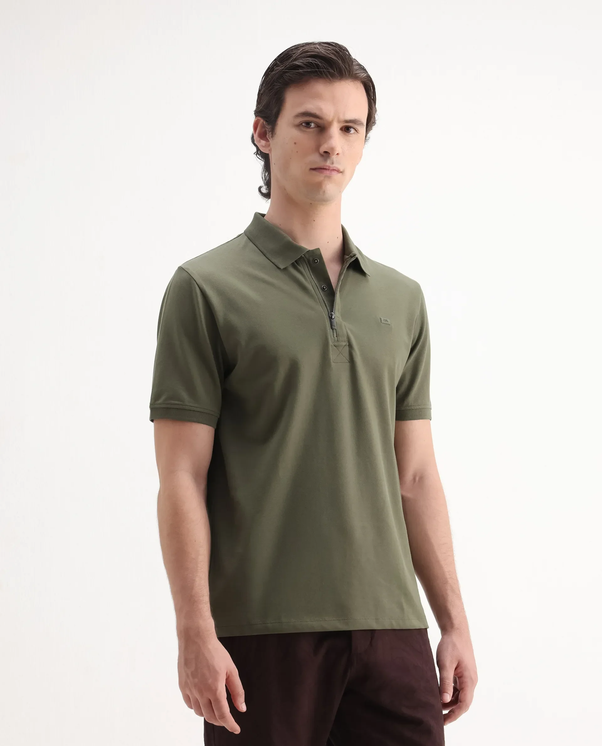 Rare Rabbit Men's Salis2 Light Olive Cotton Plain Regular Fit Half Sleeve Polo - Image 6