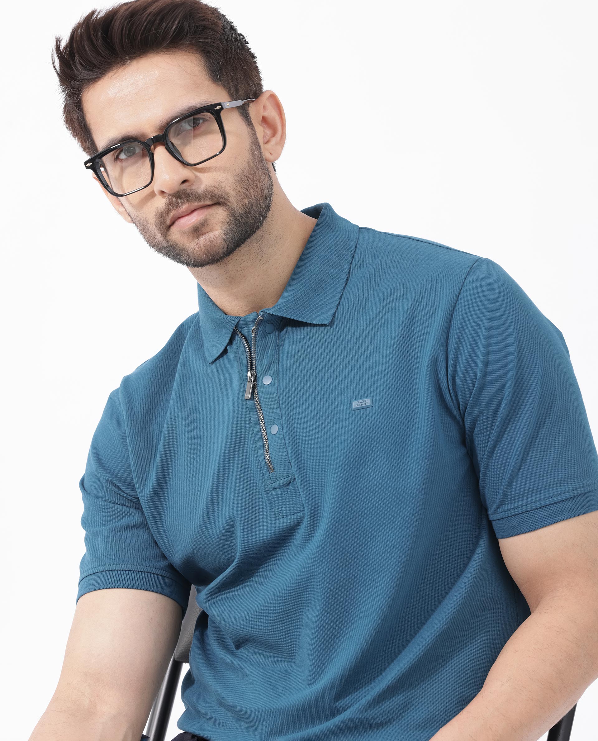 Rare Rabbit Men's Salis2 Teal Cotton Plain Regular Fit Half Sleeve Polo - Image 3