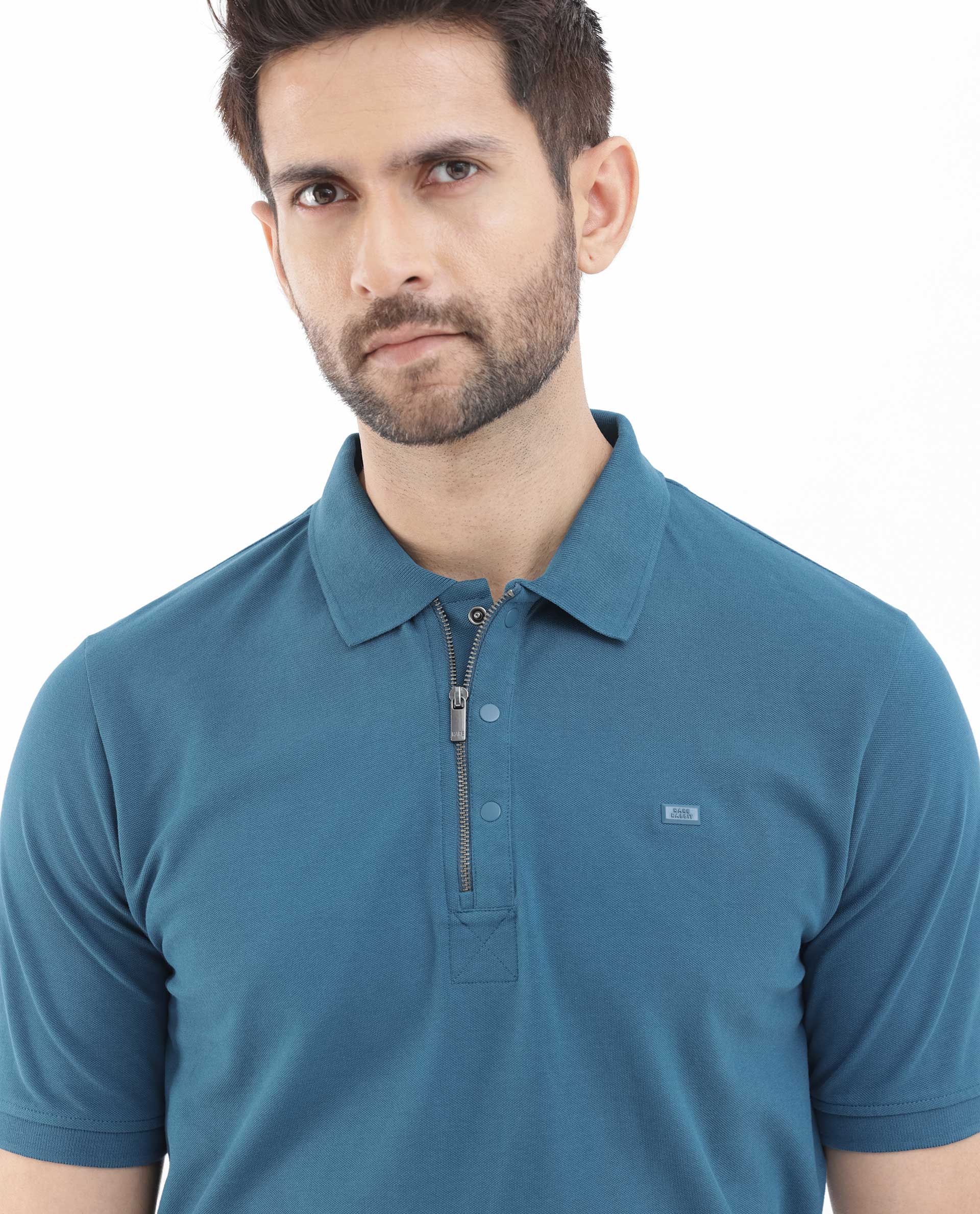 Rare Rabbit Men's Salis2 Teal Cotton Plain Regular Fit Half Sleeve Polo - Image 4