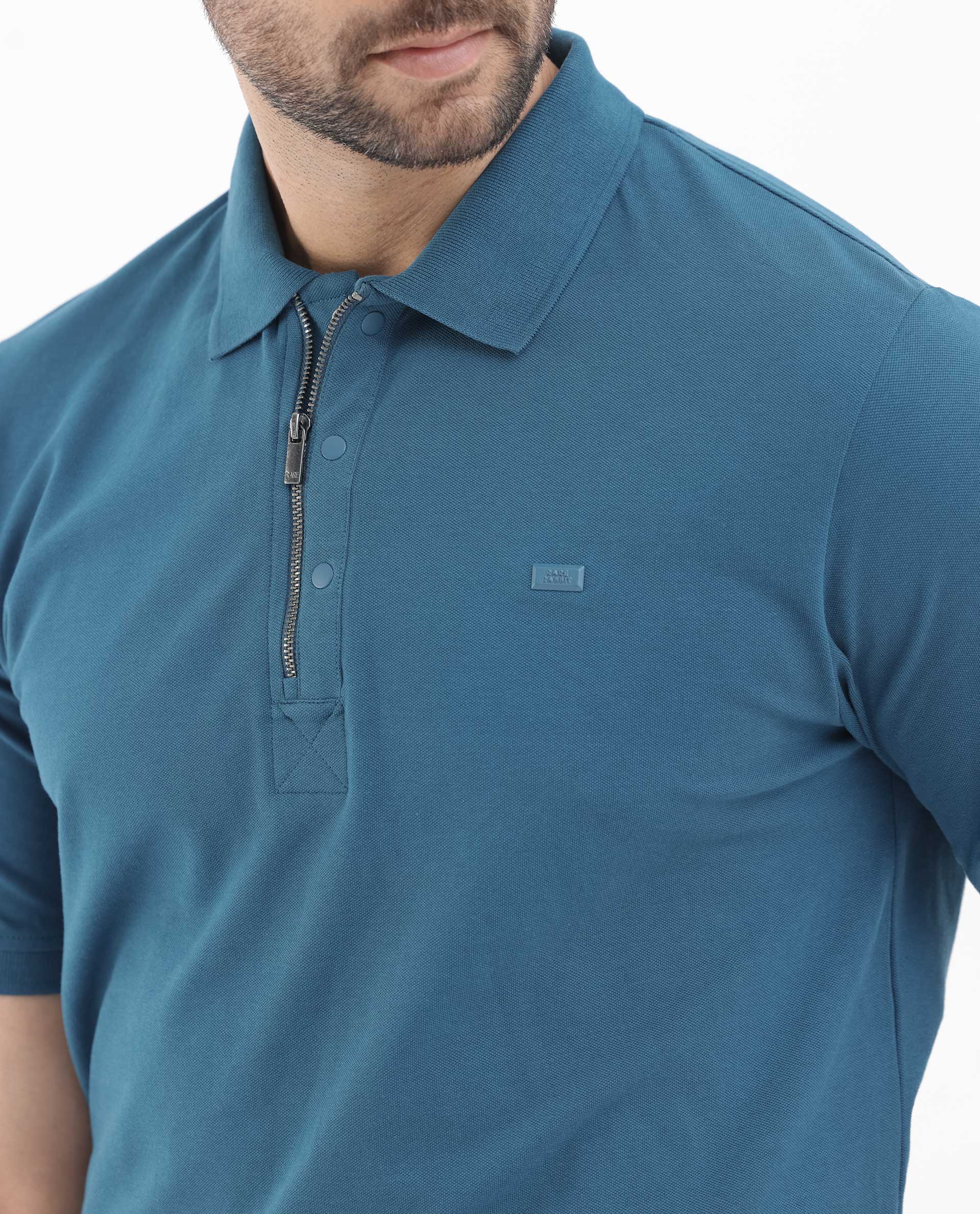 Rare Rabbit Men's Salis2 Teal Cotton Plain Regular Fit Half Sleeve Polo - Image 5