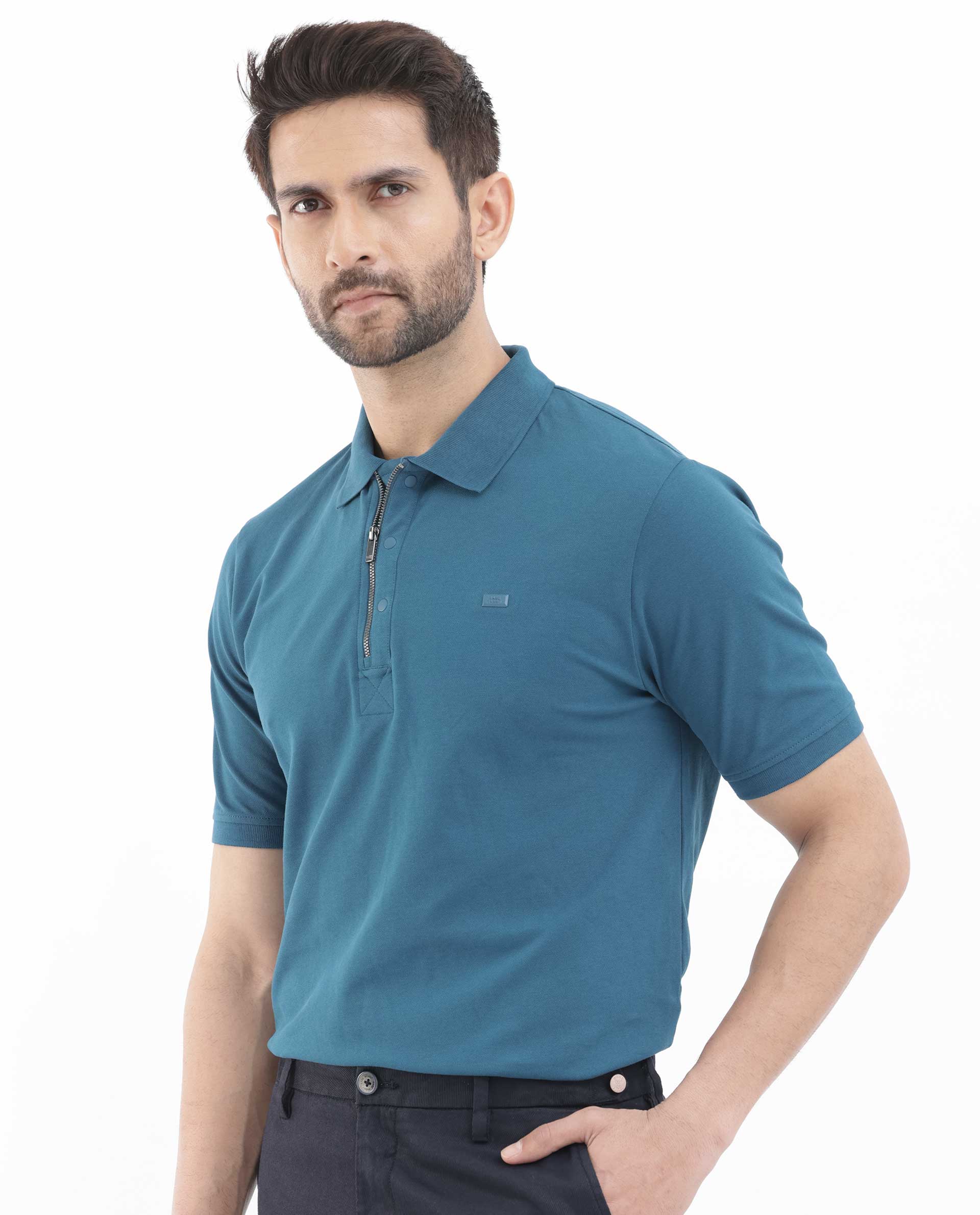 Rare Rabbit Men's Salis2 Teal Cotton Plain Regular Fit Half Sleeve Polo - Image 6