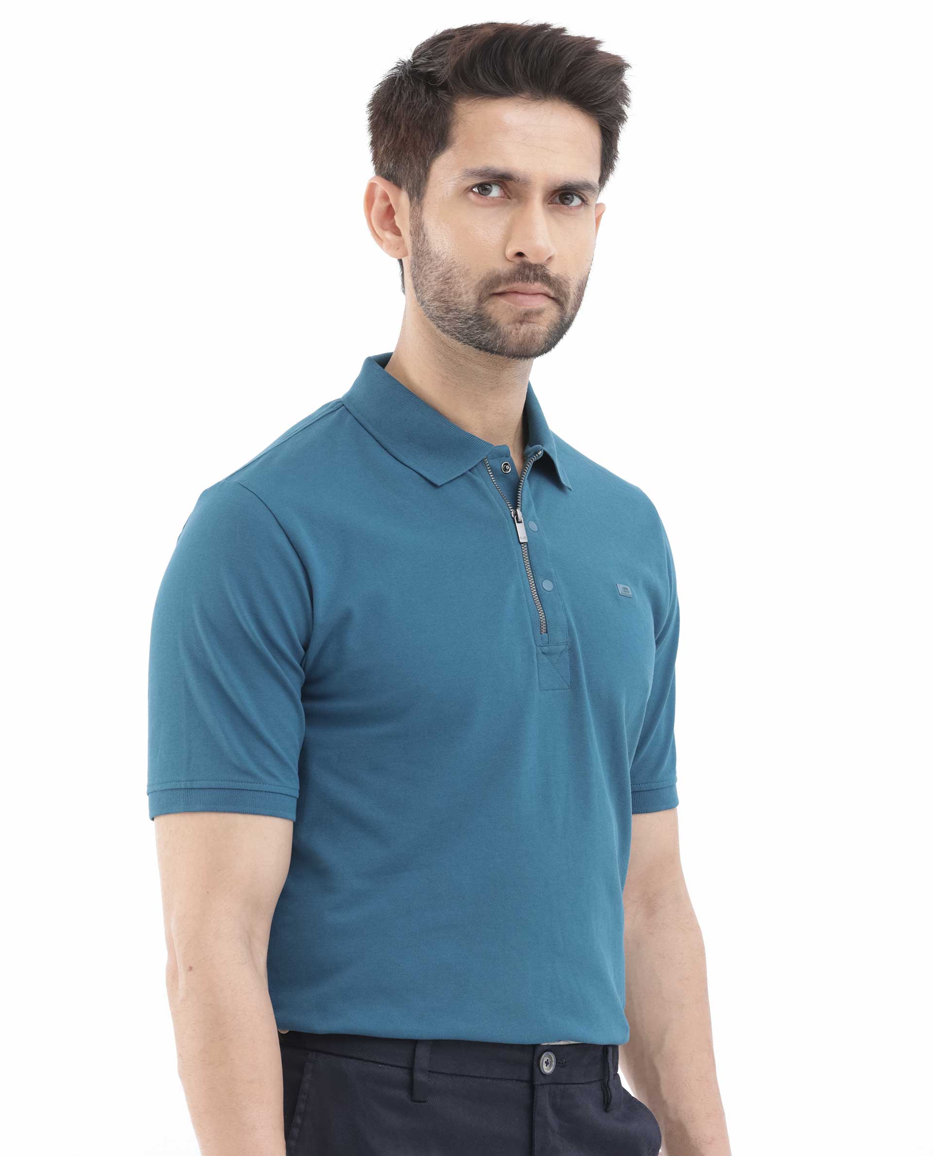 Rare Rabbit Men's Salis2 Teal Cotton Plain Regular Fit Half Sleeve Polo - Image 7