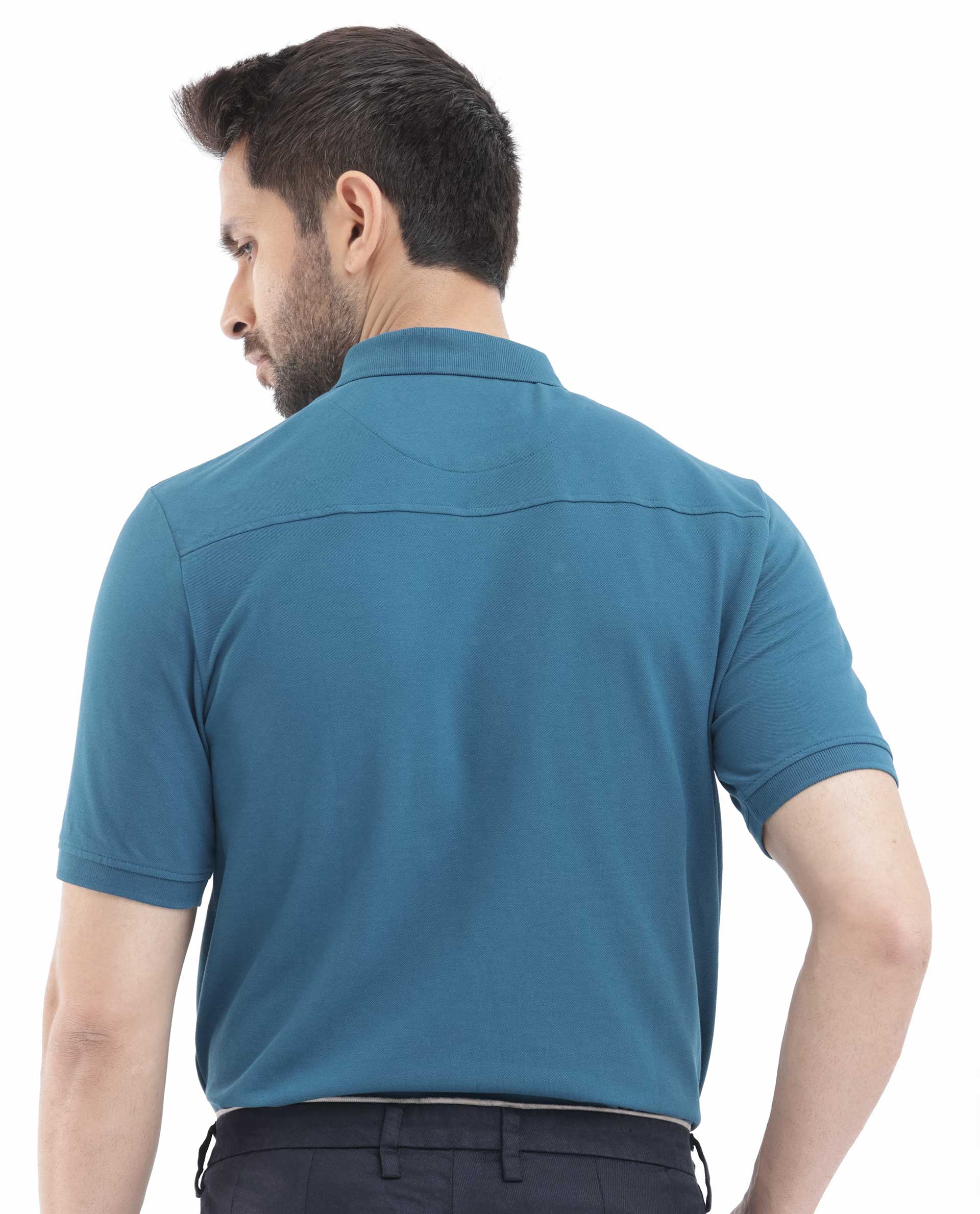 Rare Rabbit Men's Salis2 Teal Cotton Plain Regular Fit Half Sleeve Polo - Image 9